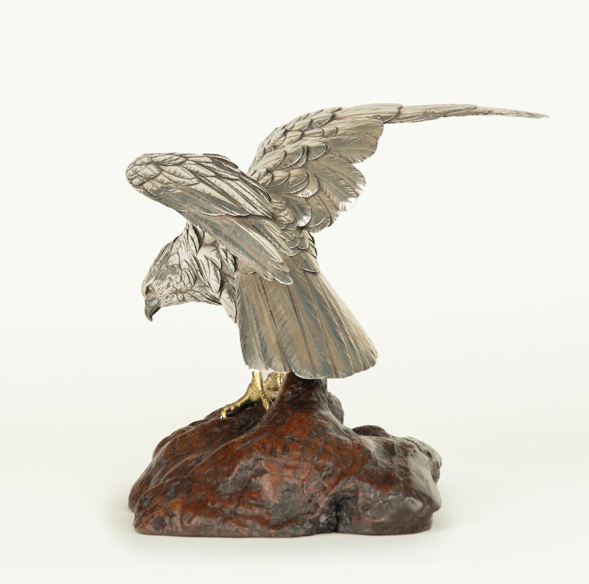 Japanese Pure Silver Hawk Okimono – Musashiya Company (Ozeki) For Sale 1