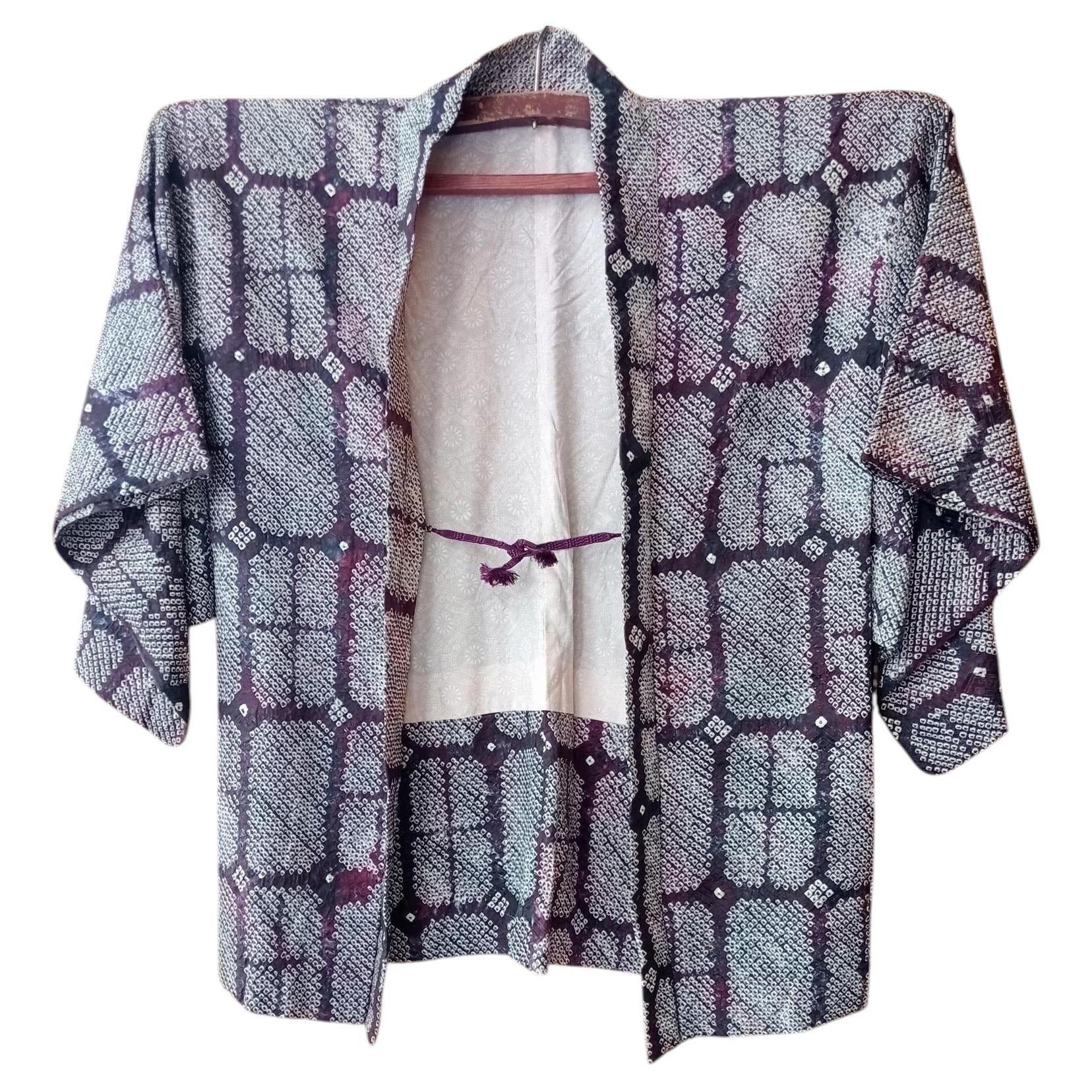 Cappotto kimono haori da donna in stile giapponese, viola, blu navy e bianco, con shibori in seta, anni '70