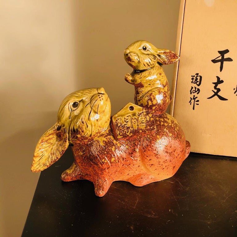 Japanese Rabbit Family Floppy Ear Rabbits Hand Painted Sculpture Signed