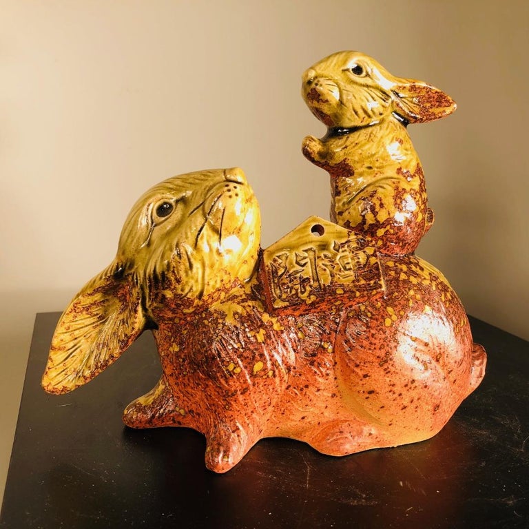 Japanese Rabbit Family Floppy Ear Rabbits Hand Painted Sculpture Signed