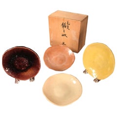Japanese Raku Antique Set Four Tea Ceremony Plates Signed Mint & Boxed