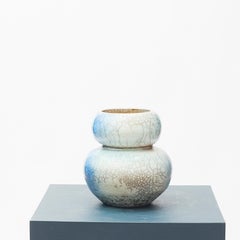 Japanese Raku Blue and Grey Ceramic Vase Stamped with Monogram