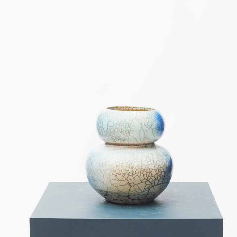 Japanese Raku Blue and Grey Ceramic Vase Stamped with Monogram For Sale at 1stDibs