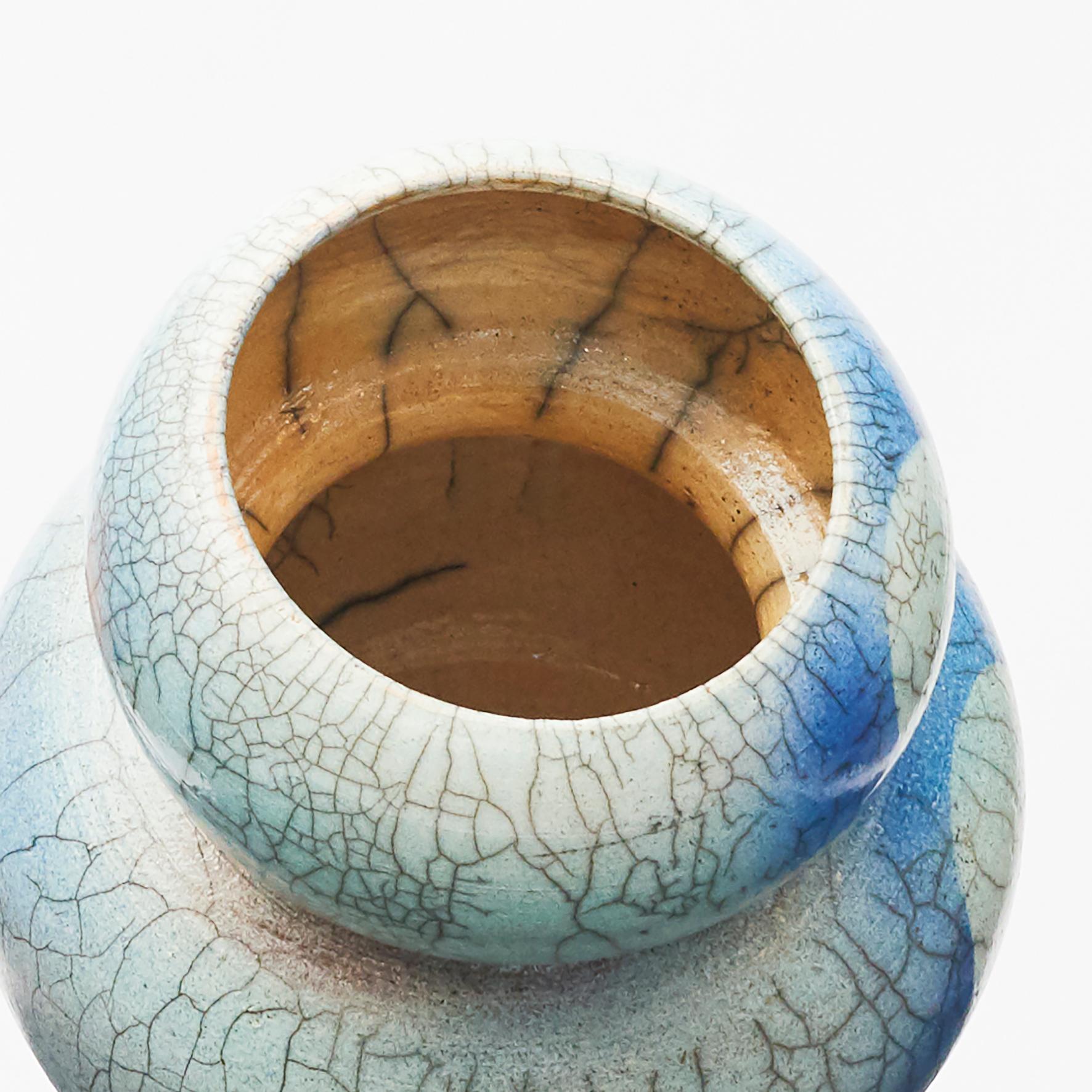 Modern Japanese Raku Blue and Grey Ceramic Vase Stamped with Monogram For Sale
