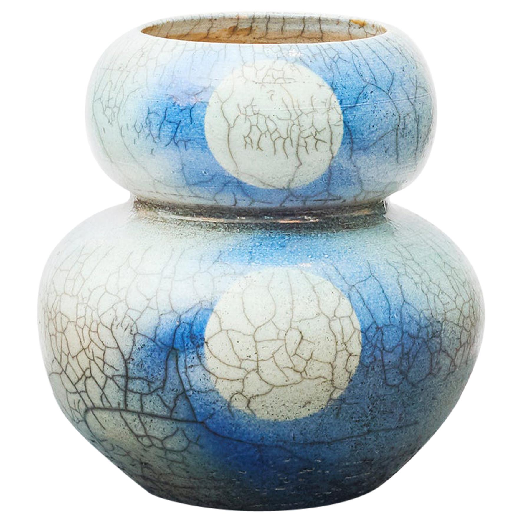 Japanese Raku Blue and Grey Ceramic Vase Stamped with Monogram