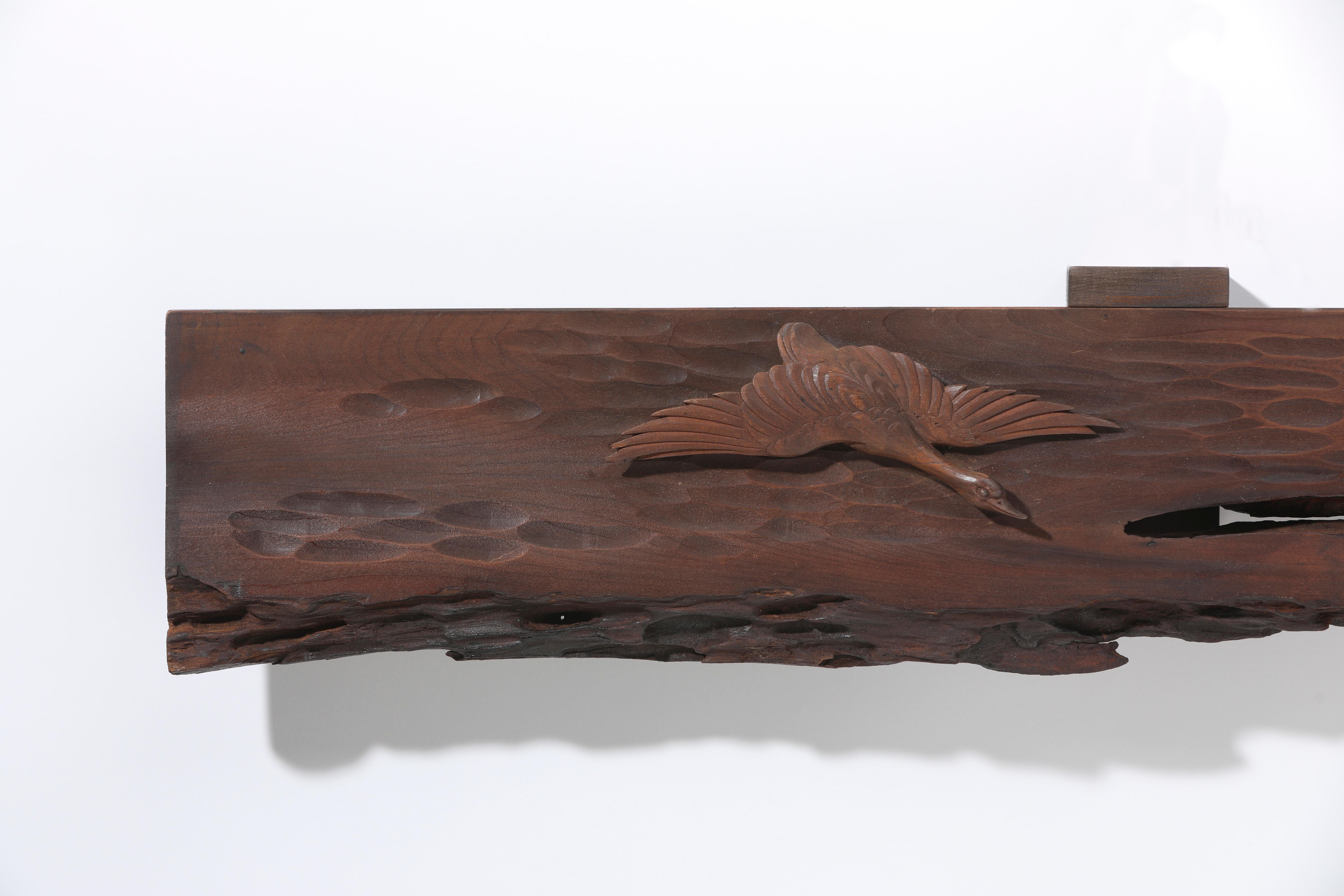 Japanische Ranma-Holzschnitzerei mit „Vogel im Flug“ und „Long Blades of Grass“ (Meiji-Periode) im Angebot