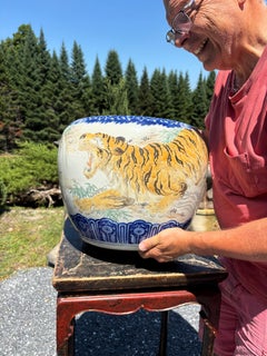 Japanese Rare Antique Double Tiger Hand Painted Ceramic Garden Planter Bowl