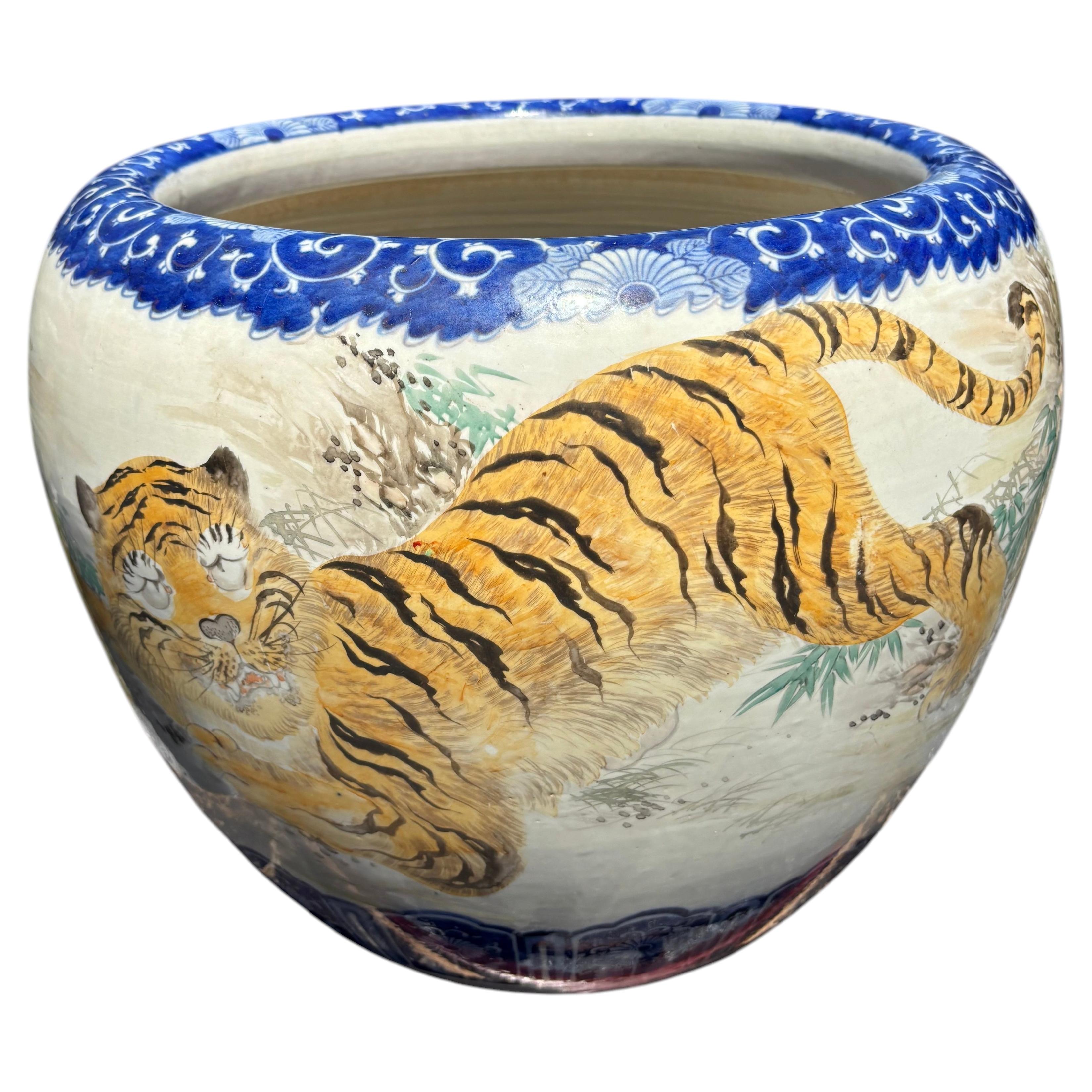 Japanese Rare Antique Double Tiger Hand Painted Ceramic Garden Planter Bowl