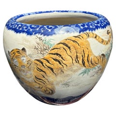 Japanese Rare Antique Double Tiger Hand Painted Ceramic Garden Planter Bowl