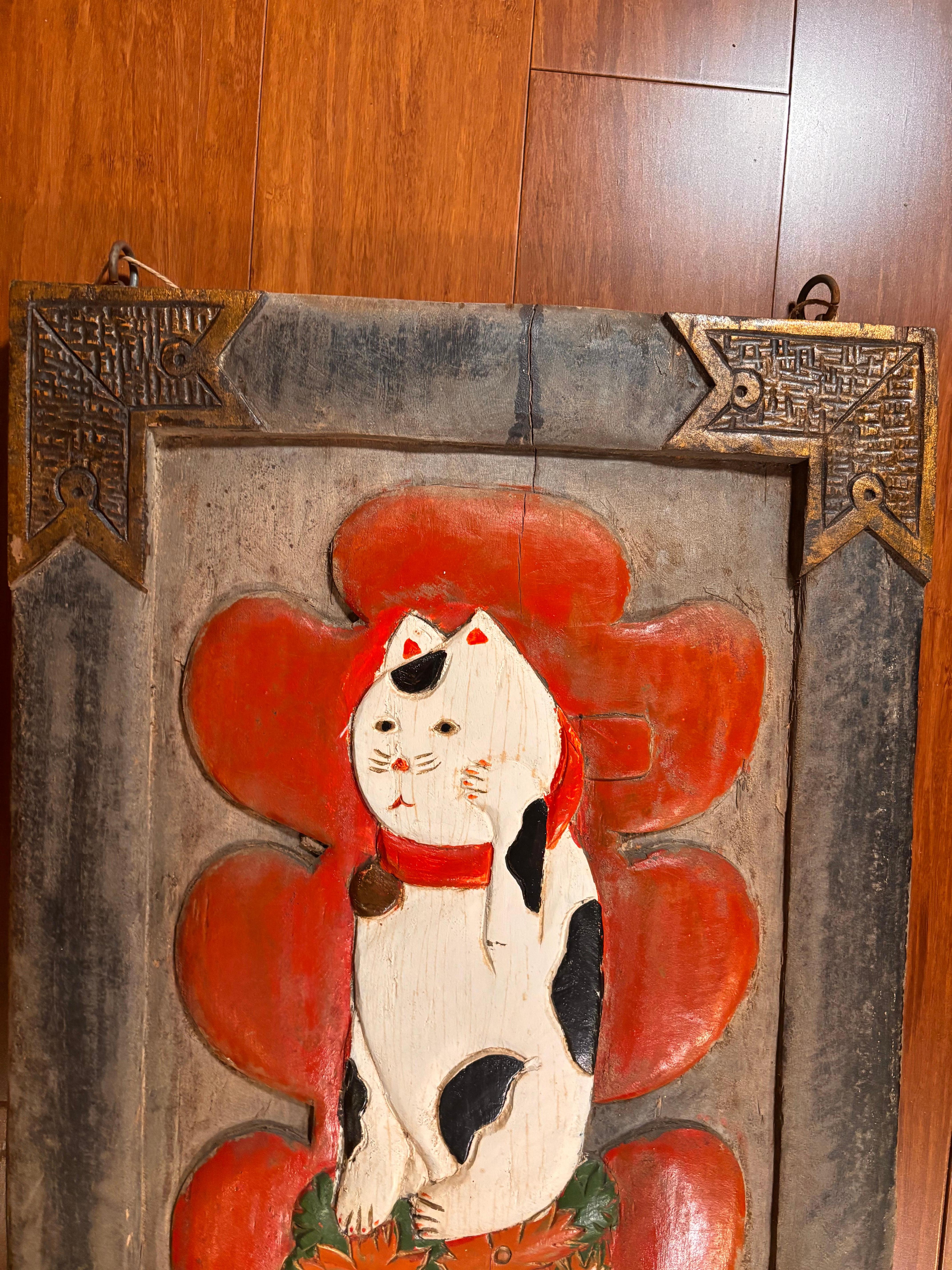 Taisho Japanese Rare Antique Good Luck Cat Maneki-neko Sign,  Hand Carved Hand Painted