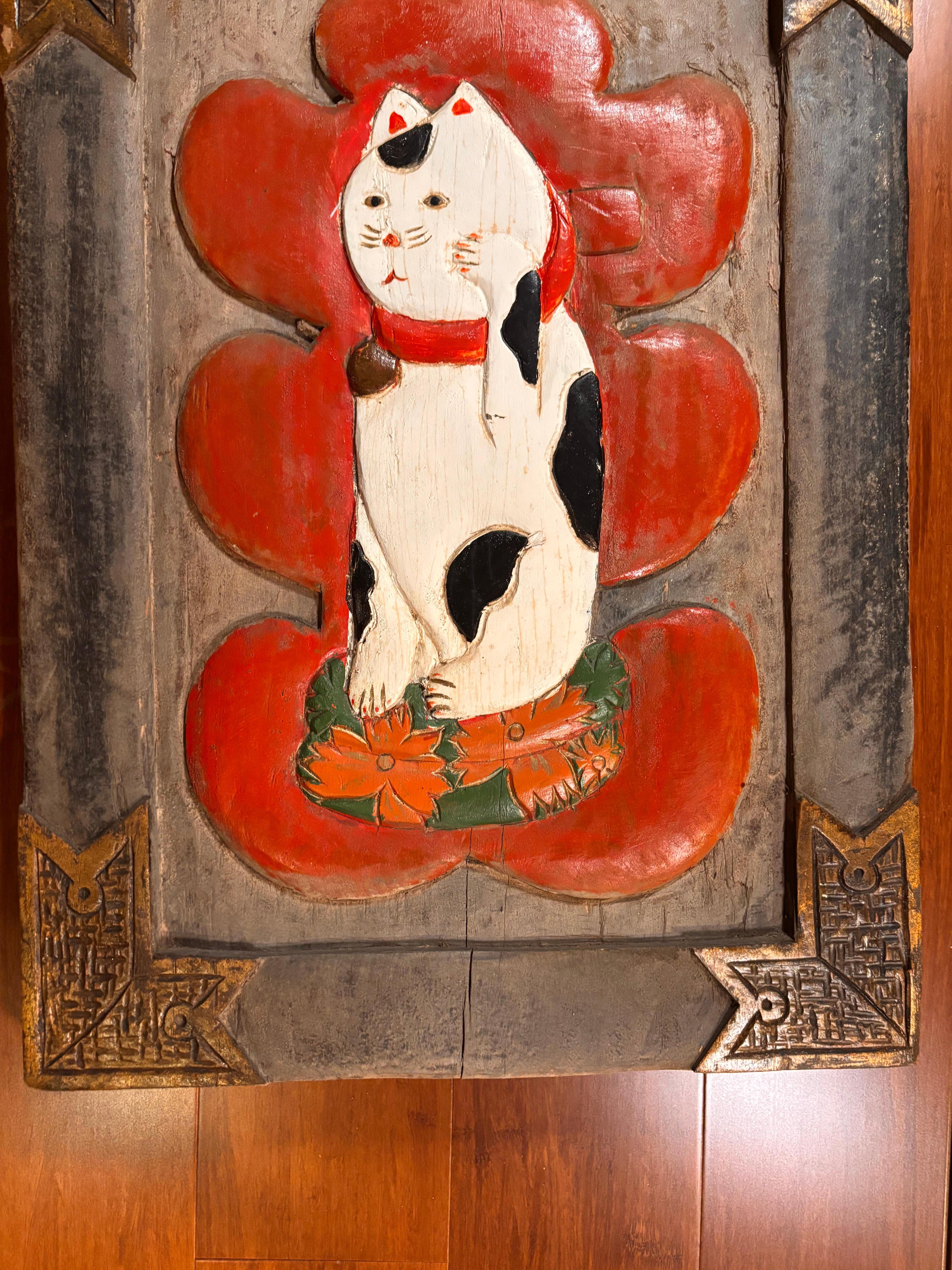Hand-Carved Japanese Rare Antique Good Luck Cat Maneki-neko Sign,  Hand Carved Hand Painted