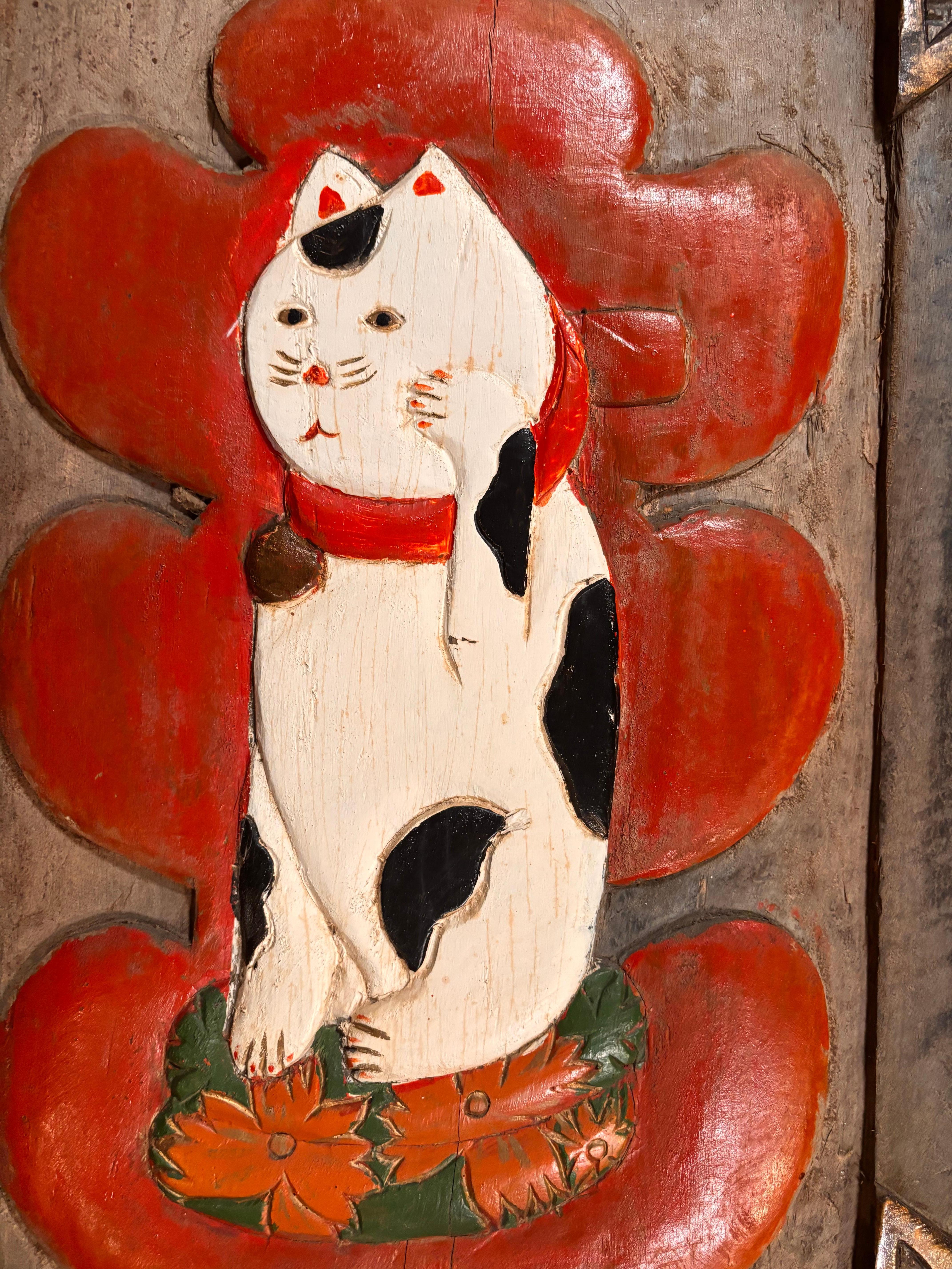 Japanese Rare Antique Good Luck Cat Maneki-neko Sign,  Hand Carved Hand Painted In Good Condition In South Burlington, VT