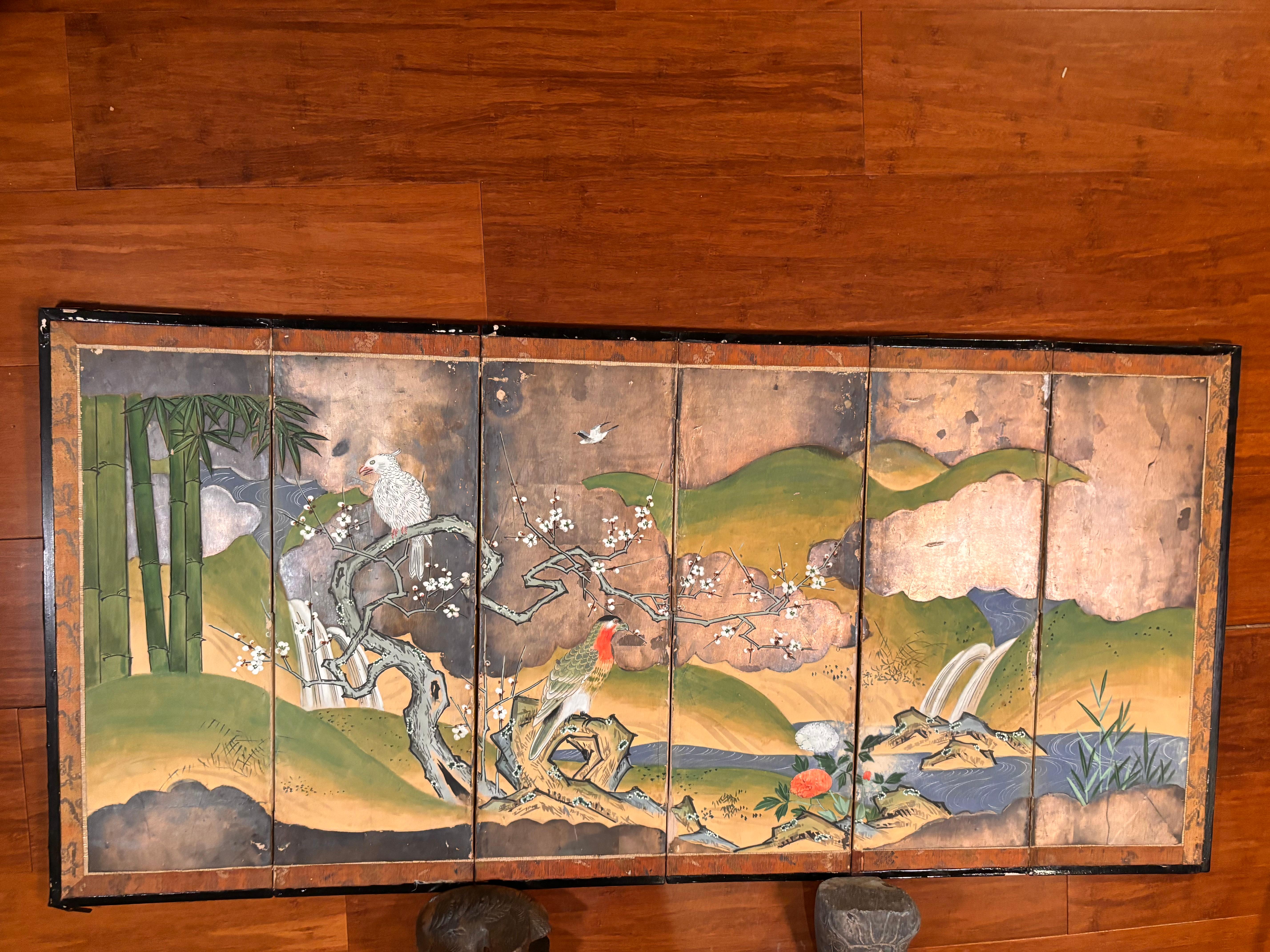 Japanese Rare Antique Pair Hand Painted Birds And Blue Waters Wedding screens For Sale 3