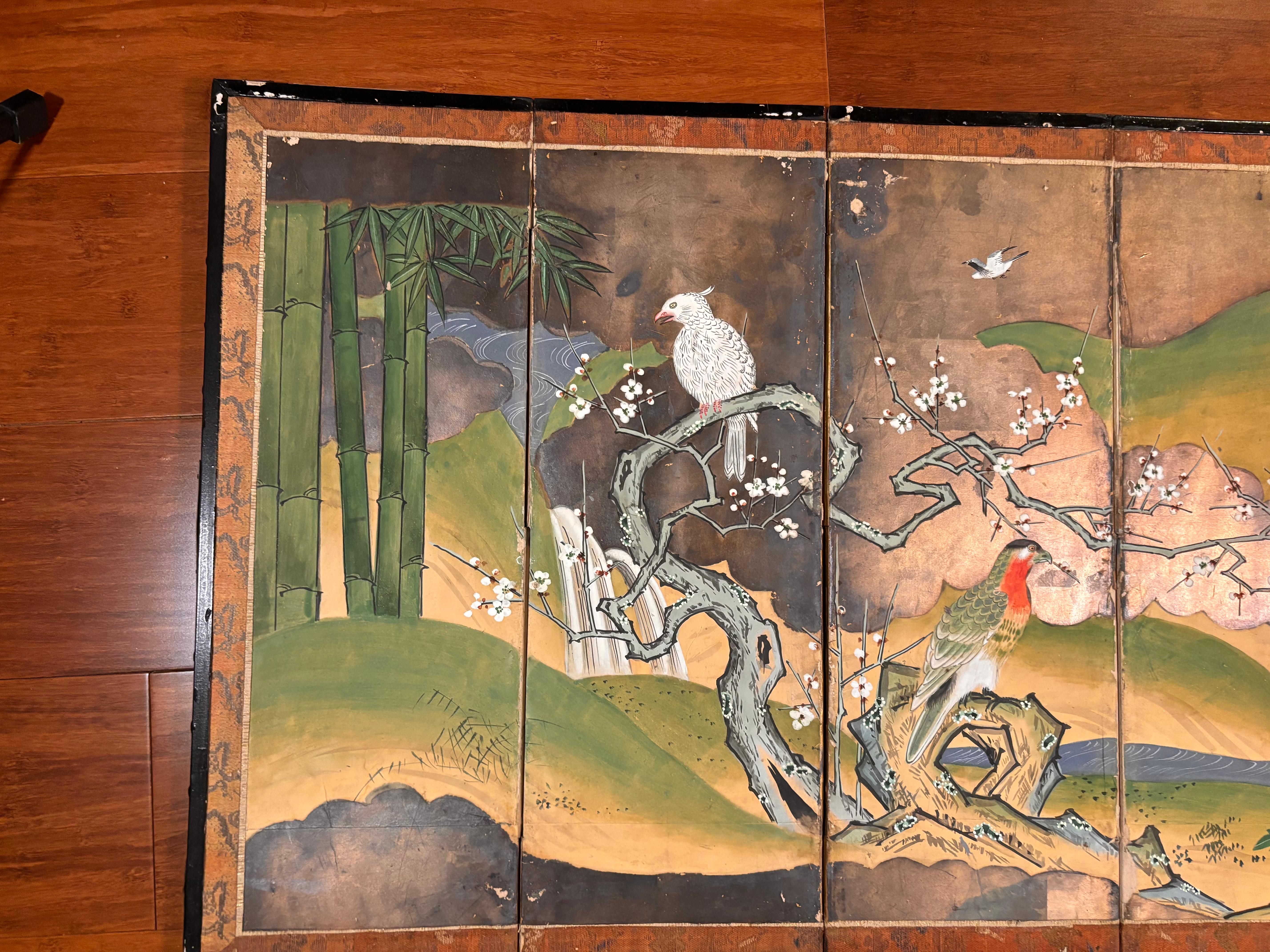 Japanese Rare Antique Pair Hand Painted Birds And Blue Waters Wedding screens For Sale 4