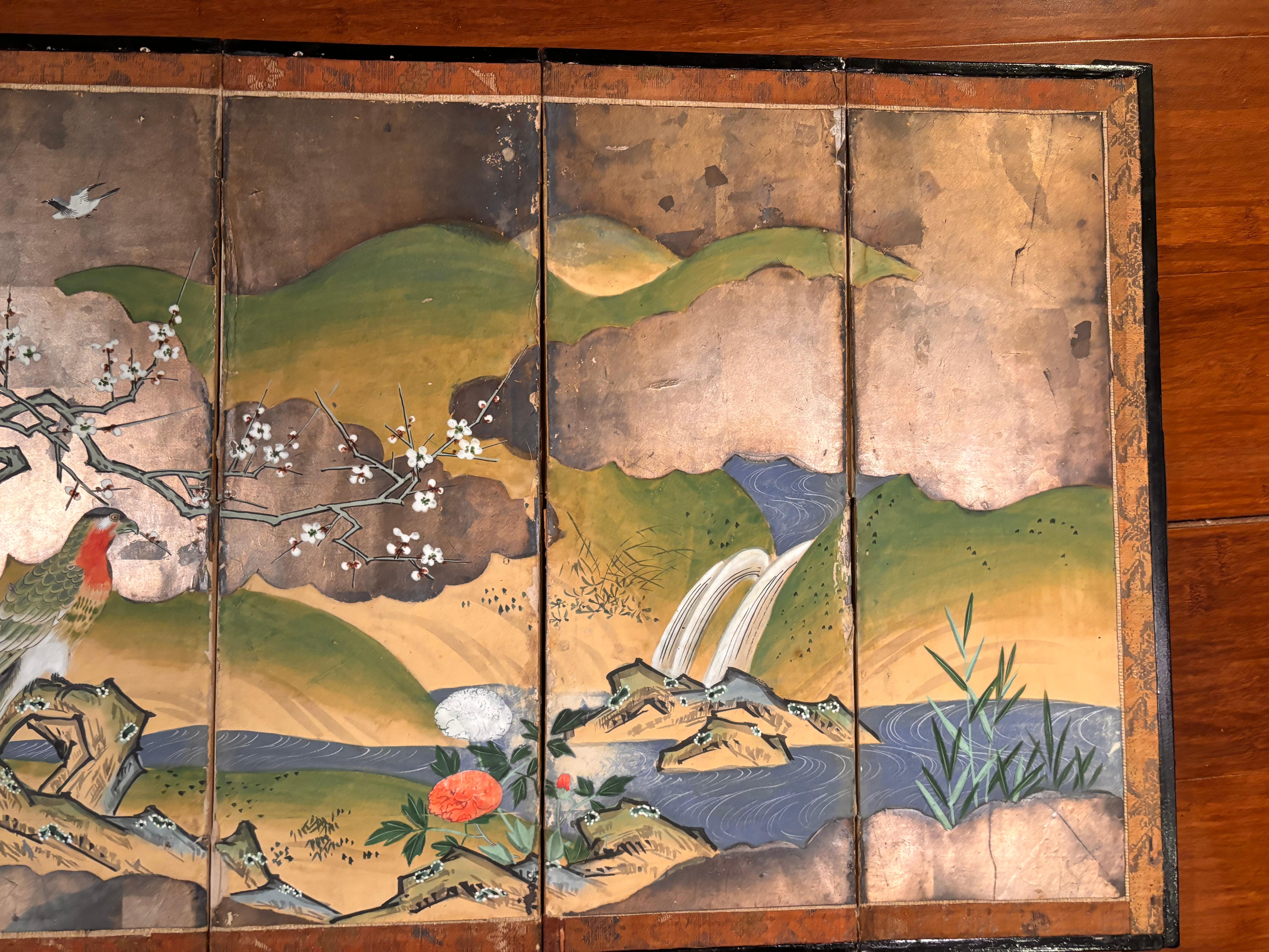 Japanese Rare Antique Pair Hand Painted Birds And Blue Waters Wedding screens For Sale 5