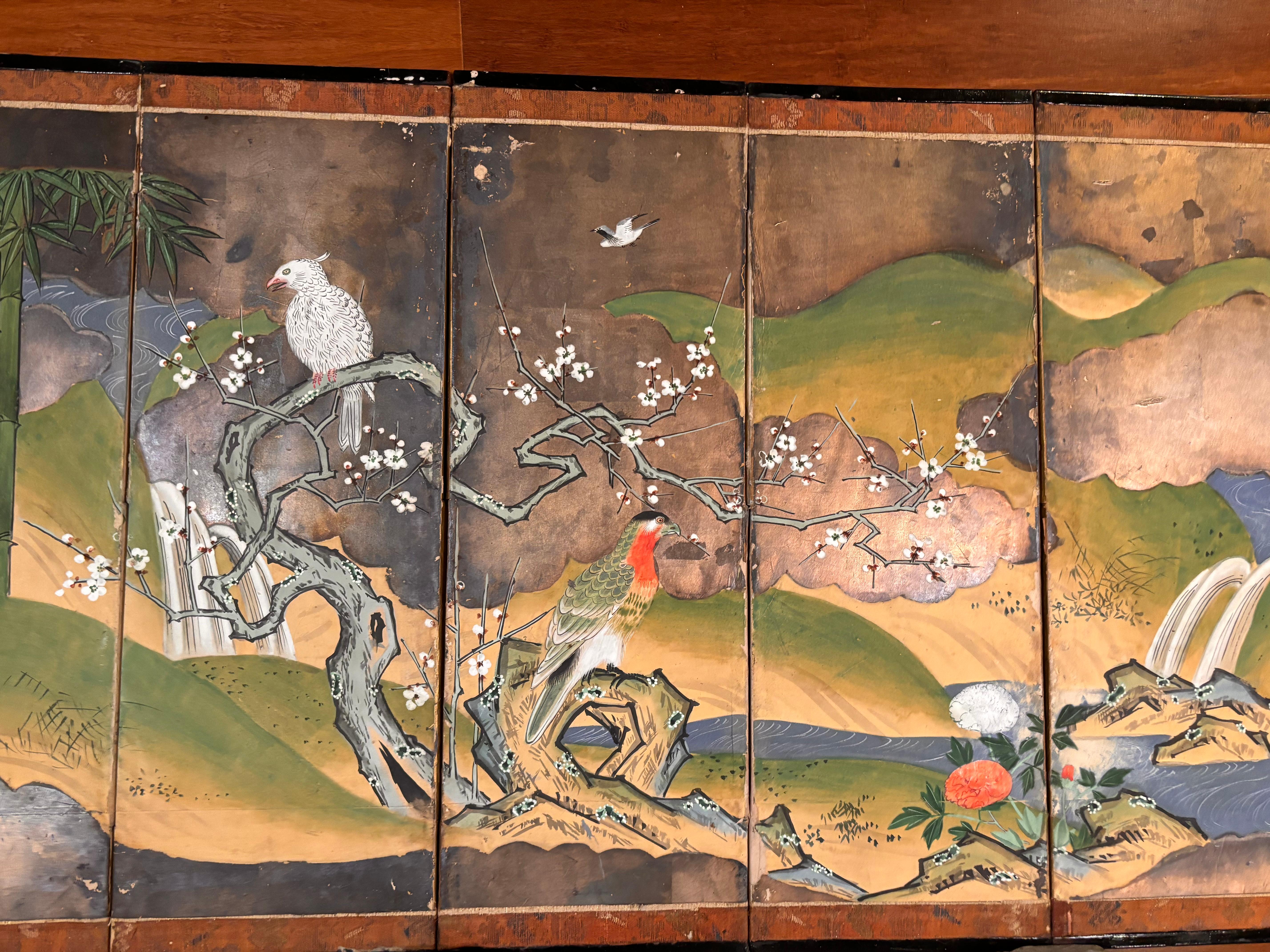 Japanese Rare Antique Pair Hand Painted Birds And Blue Waters Wedding screens For Sale 6