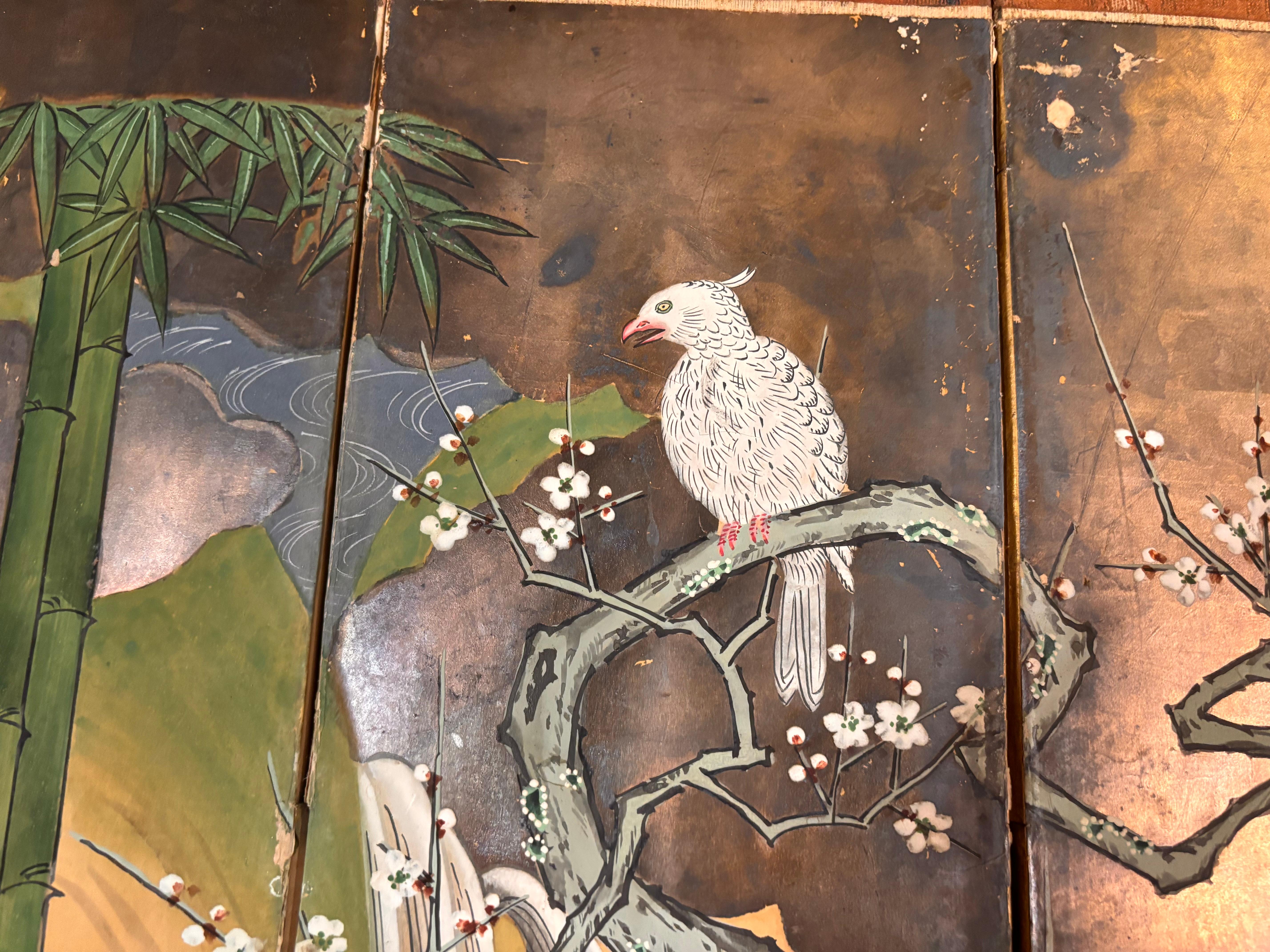 Japanese Rare Antique Pair Hand Painted Birds And Blue Waters Wedding screens For Sale 7