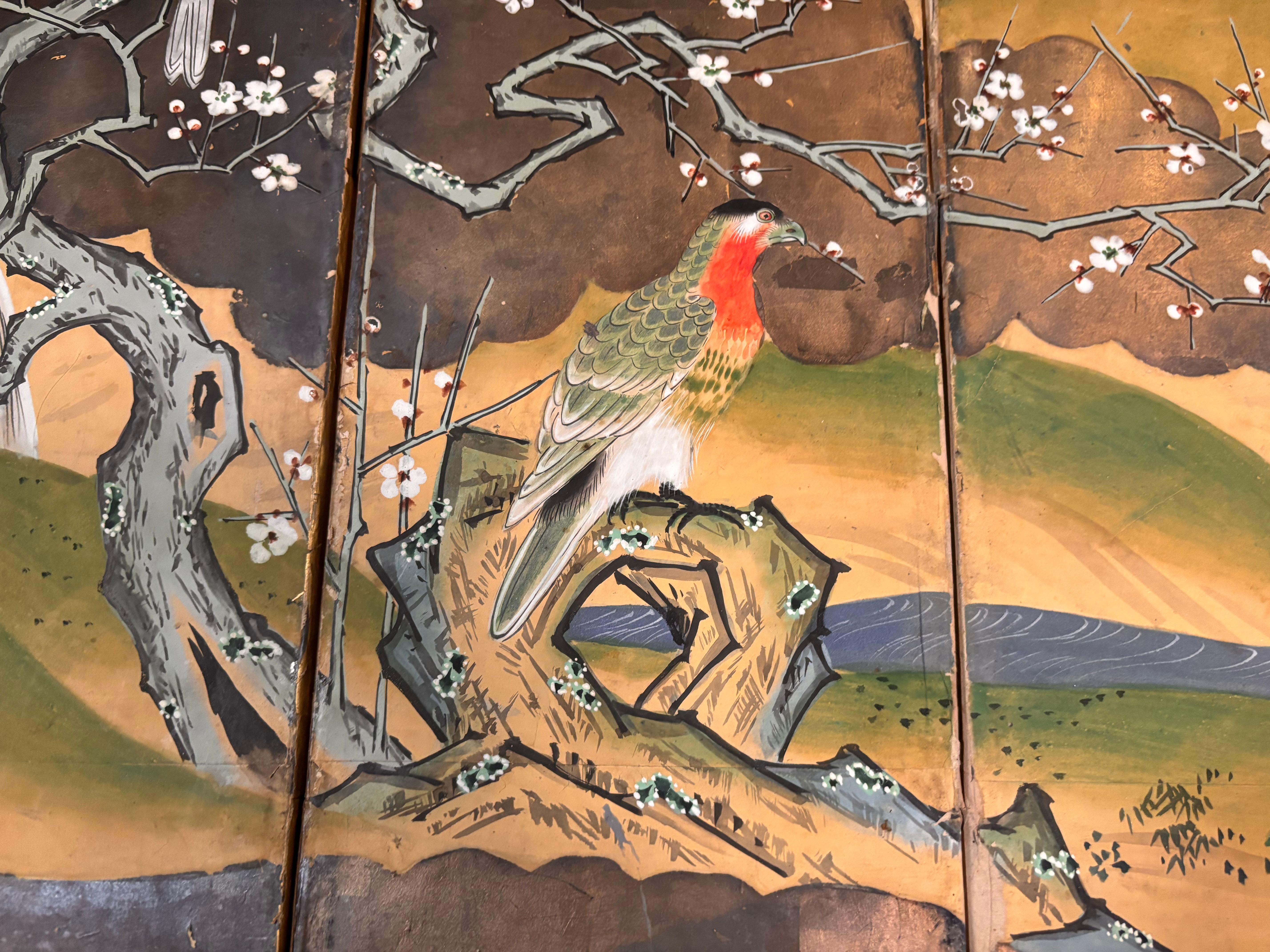 Japanese Rare Antique Pair Hand Painted Birds And Blue Waters Wedding screens For Sale 8