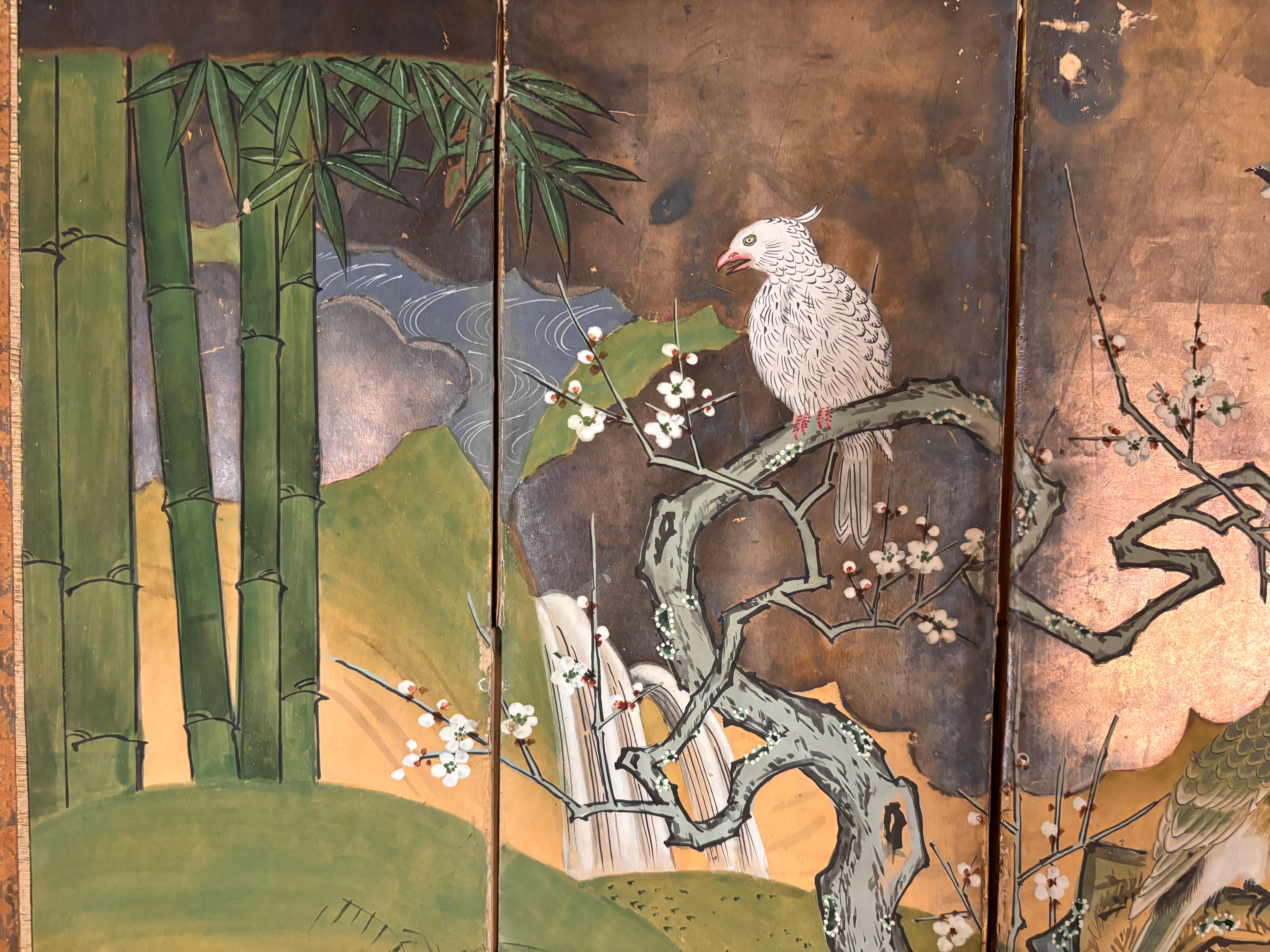 Japanese Rare Antique Pair Hand Painted Birds And Blue Waters Wedding screens For Sale 10