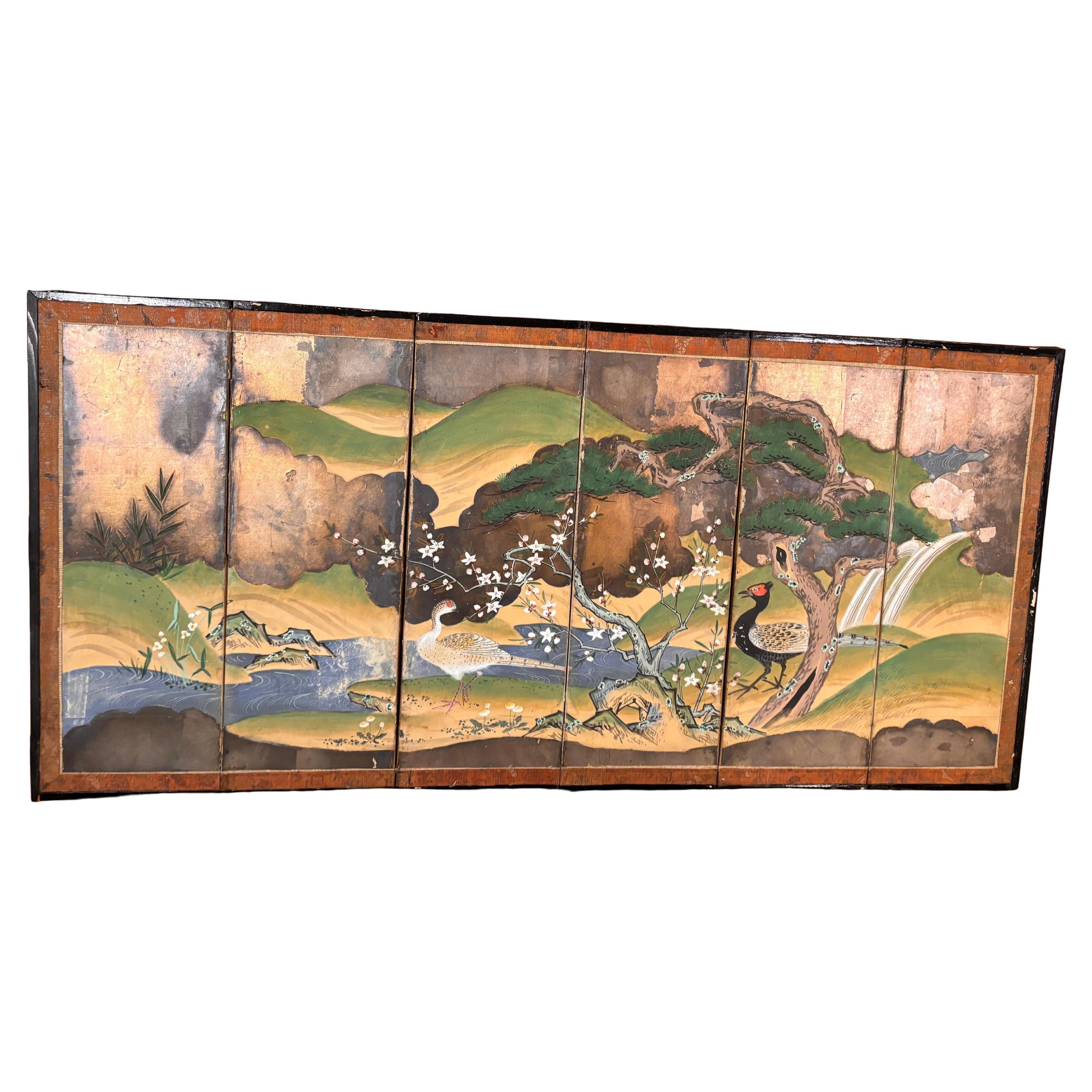 Meiji Japanese Rare Antique Pair Hand Painted Birds And Blue Waters Wedding screens For Sale