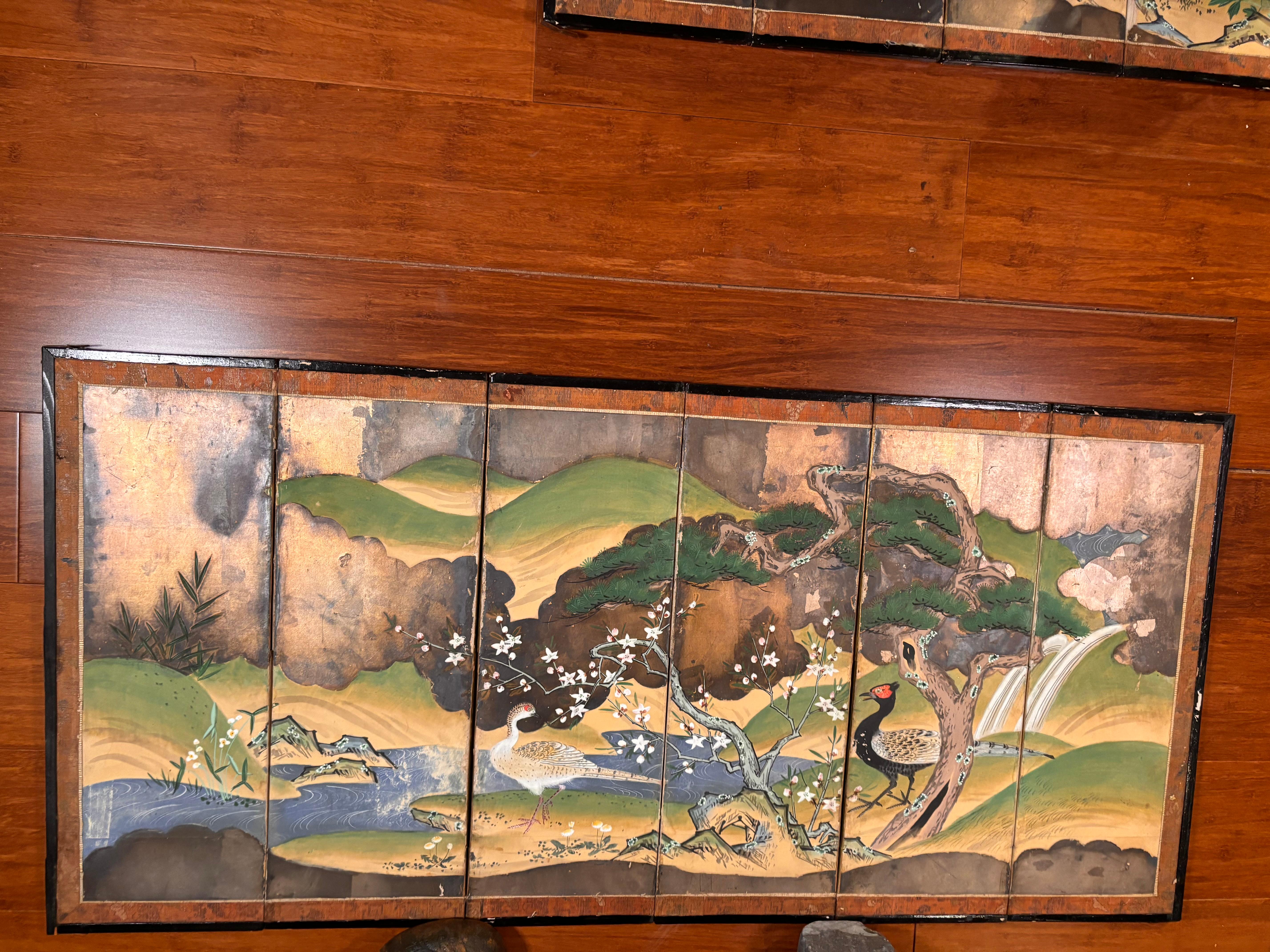 Hand-Painted Japanese Rare Antique Pair Hand Painted Birds And Blue Waters Wedding screens For Sale