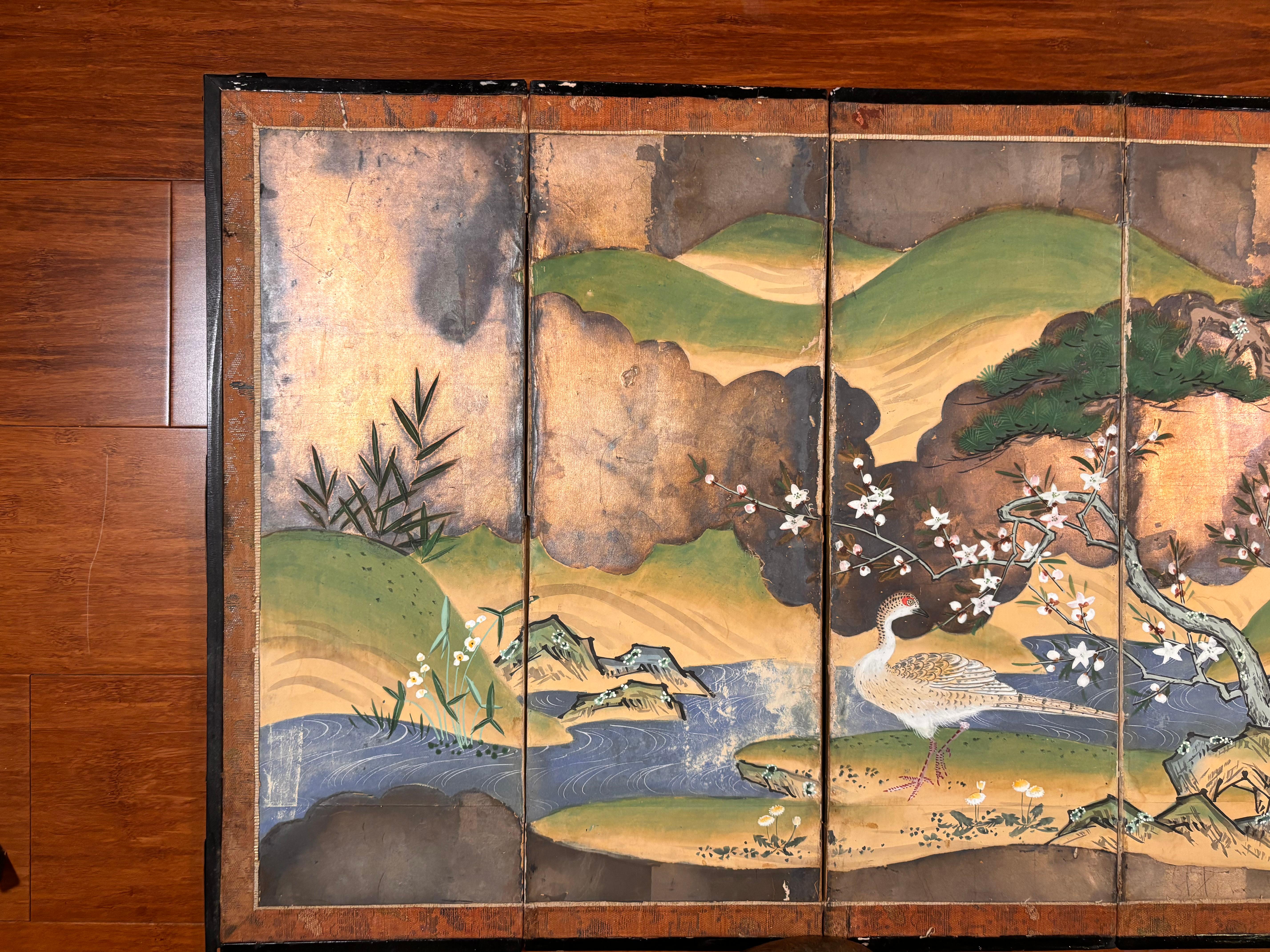 Japanese Rare Antique Pair Hand Painted Birds And Blue Waters Wedding screens In Good Condition For Sale In South Burlington, VT