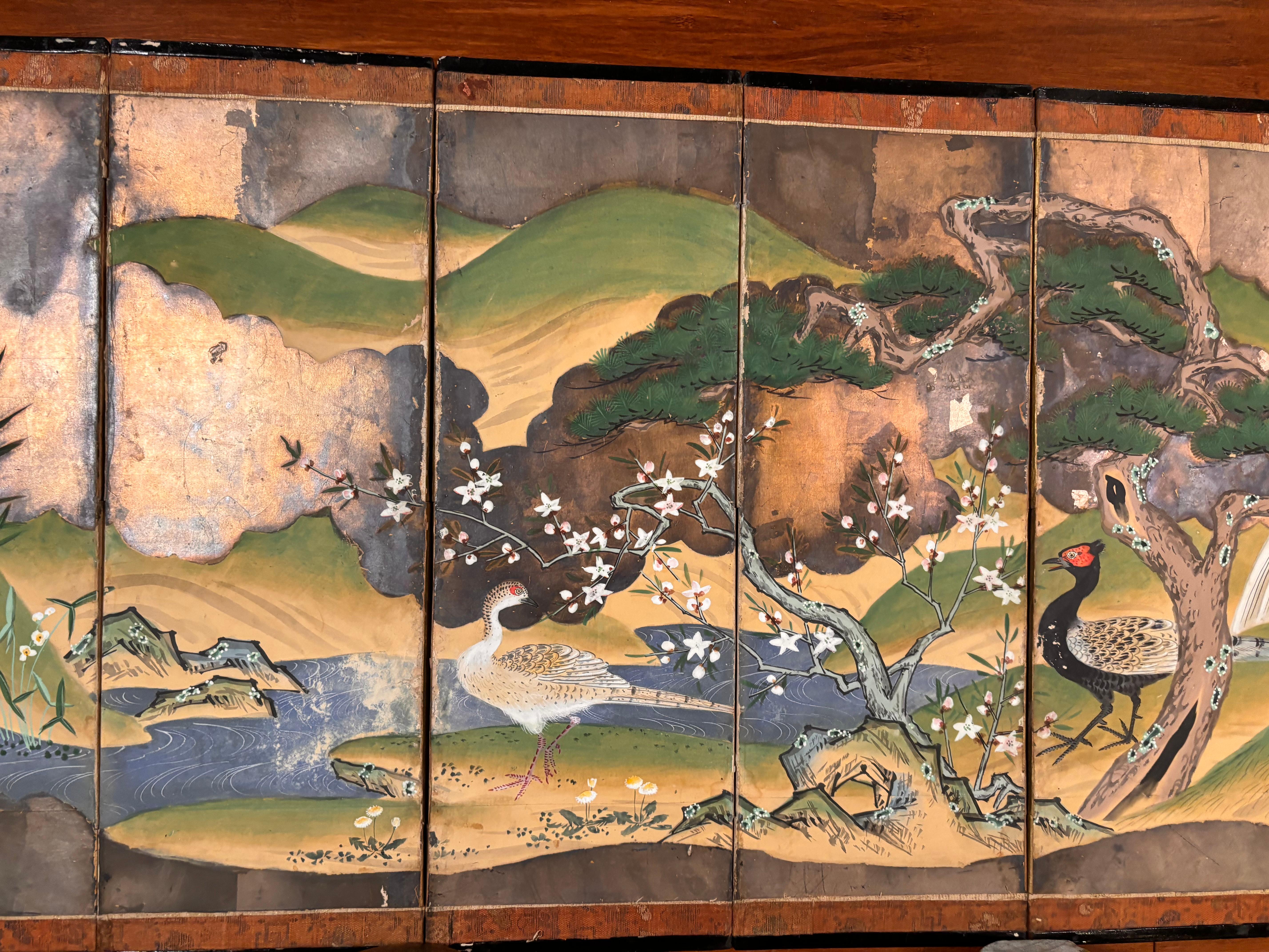 19th Century Japanese Rare Antique Pair Hand Painted Birds And Blue Waters Wedding screens For Sale
