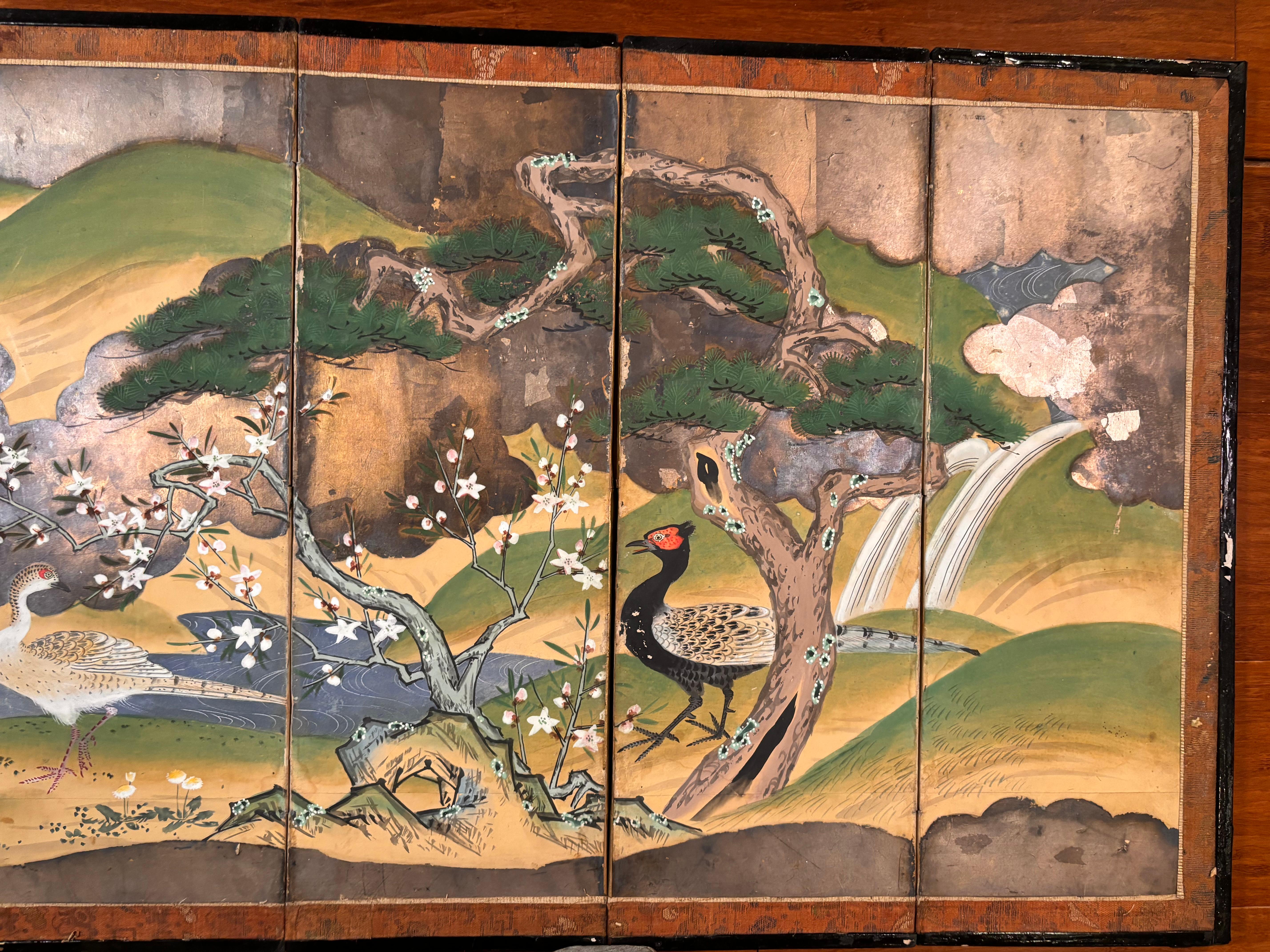 Wood Japanese Rare Antique Pair Hand Painted Birds And Blue Waters Wedding screens For Sale