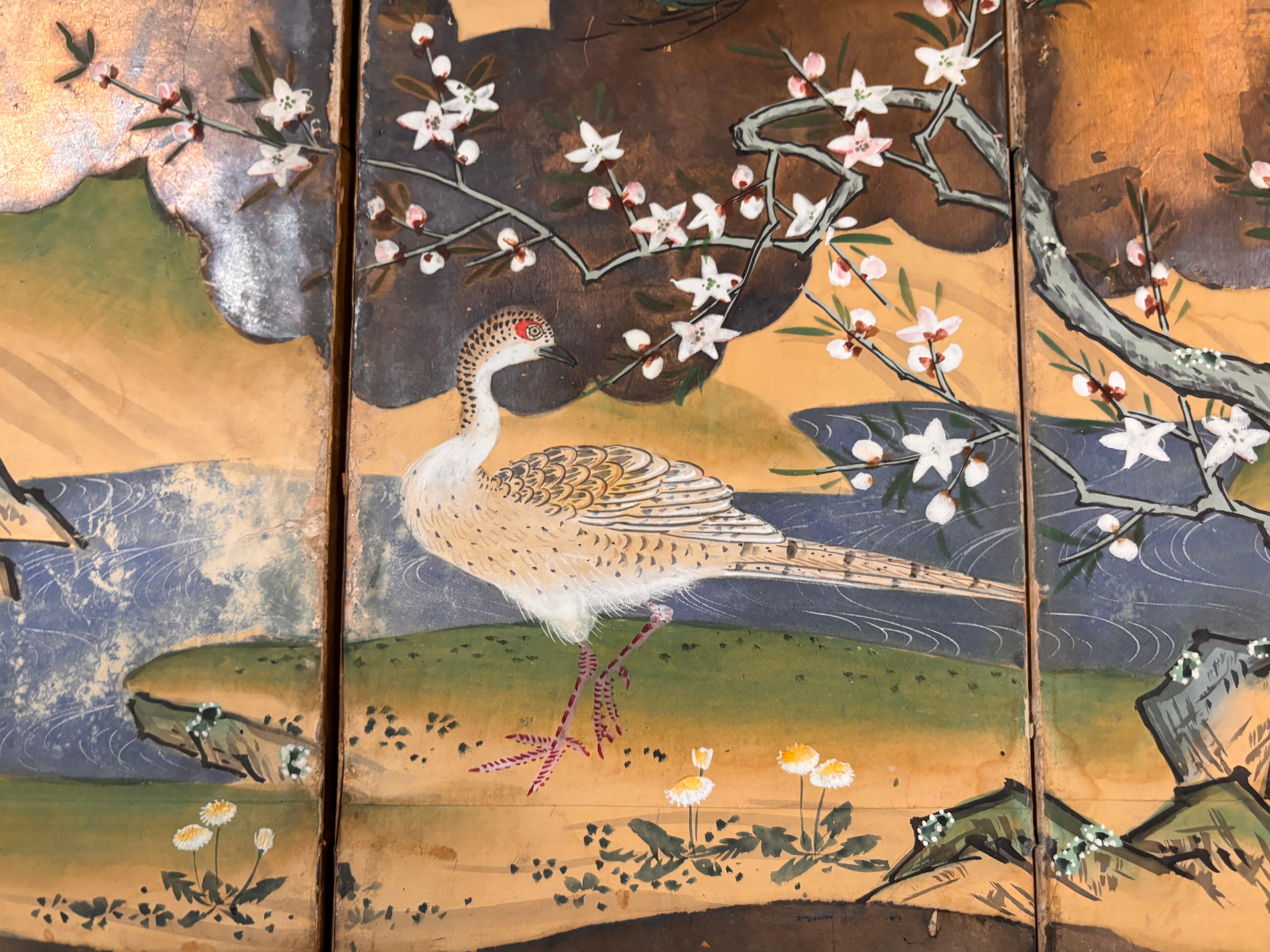 Japanese Rare Antique Pair Hand Painted Birds And Blue Waters Wedding screens For Sale 1