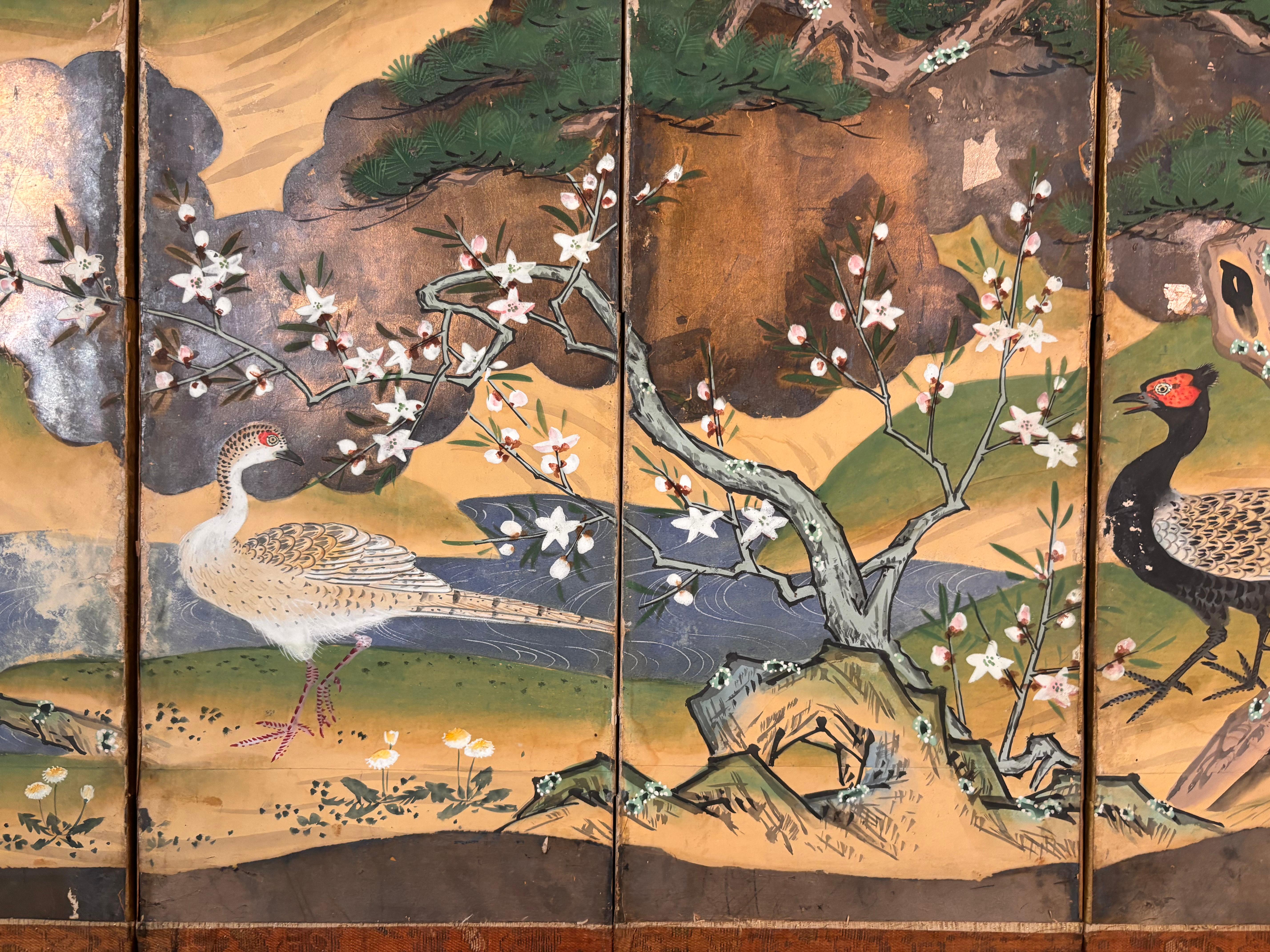 Japanese Rare Antique Pair Hand Painted Birds And Blue Waters Wedding screens For Sale 2