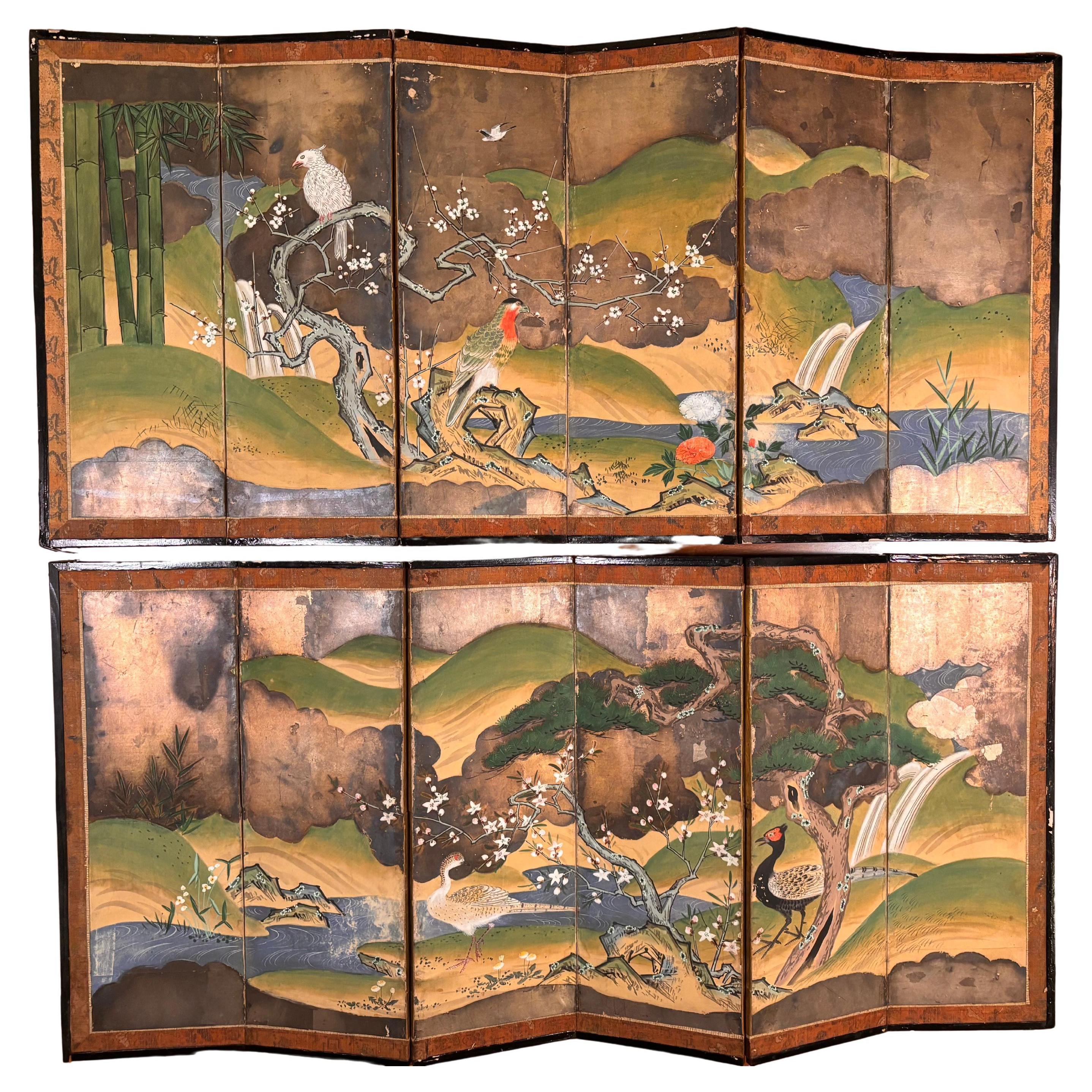 Japanese Rare Antique Pair Hand Painted Birds And Blue Waters Wedding screens