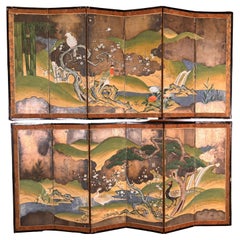 Raro Par Antiguo Japonés Pintado a Mano Pájaros y Aguas Azules Pantallas de Boda