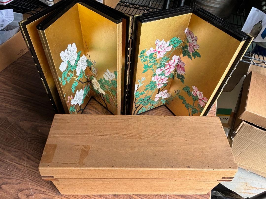 Hand-Painted Japanese Rare Antique Pair Hand Painted Flower Wedding screens In Original Box