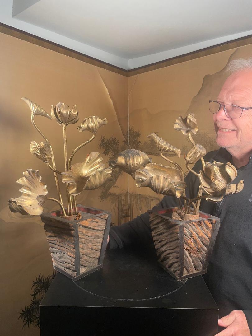 From our recent Japanese acquisitions, a rare find

Antique Original Japanese Pair (2) temple altar lotus bouquets in their original as found barkwood display bases, including ten (12) lotus flower stems. Each hand carved wood and lacquered gold