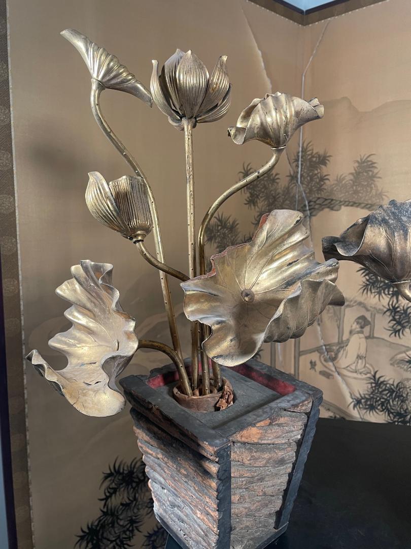 Japanese Rare Antique Pair Temple Gilt Lotus Flower Bouquets, Edo Period 19thc 1