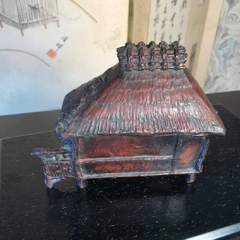 Japanese Rare Antique Censer Cast Red Bronze Kusaya Farm House, Taisho 1