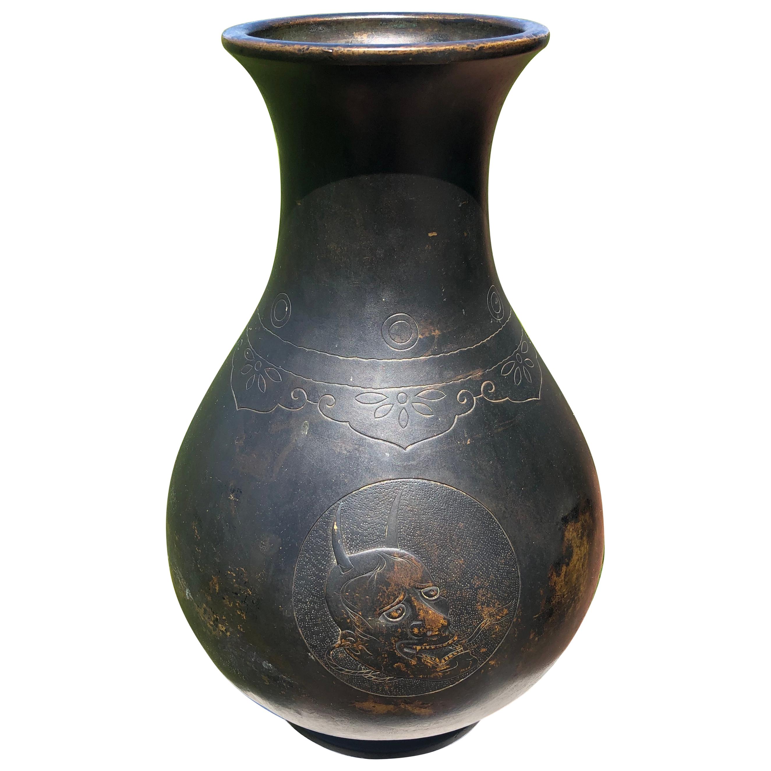 Japanese Rare Early "Noh Play Mask" Bronze Vase