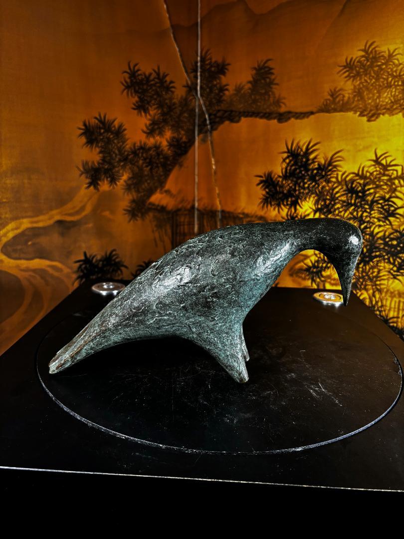 Iron Japanese Rare Large Bird Sculpture, Signed by Modernist Master Artisan  For Sale