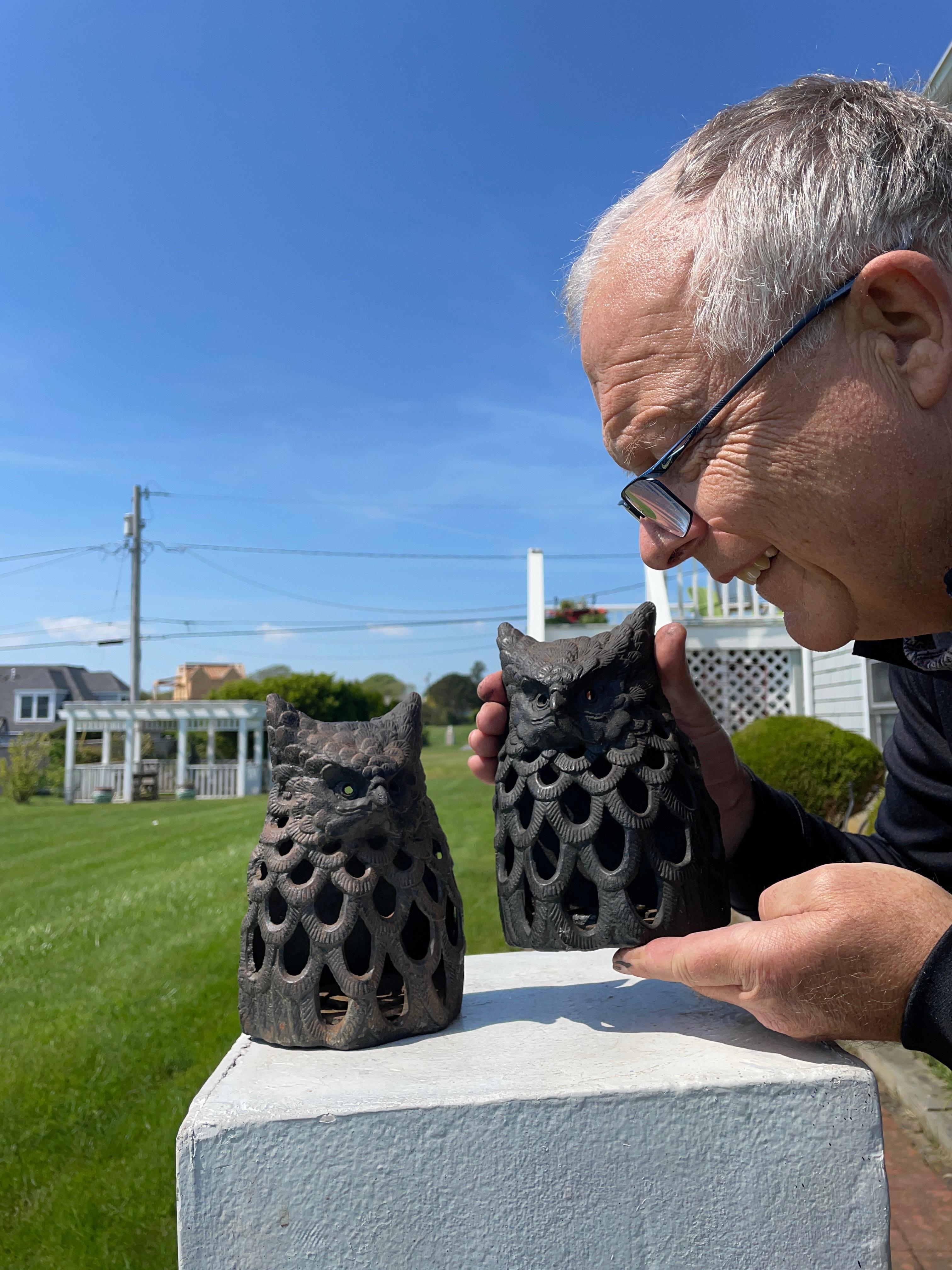 In Japan the owl enjoys a highly venerated status as a symbol of wisdom and fortune. 

This is a rare pair (2) of this hard to find wall sconce.

Japan, an attractive and sturdy antique pair of iron wall lanterns with an 