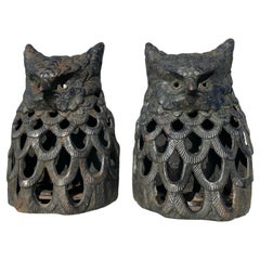 Antique Japanese Rare Old Pair Hand Cast "Owl" Wall Lanterns