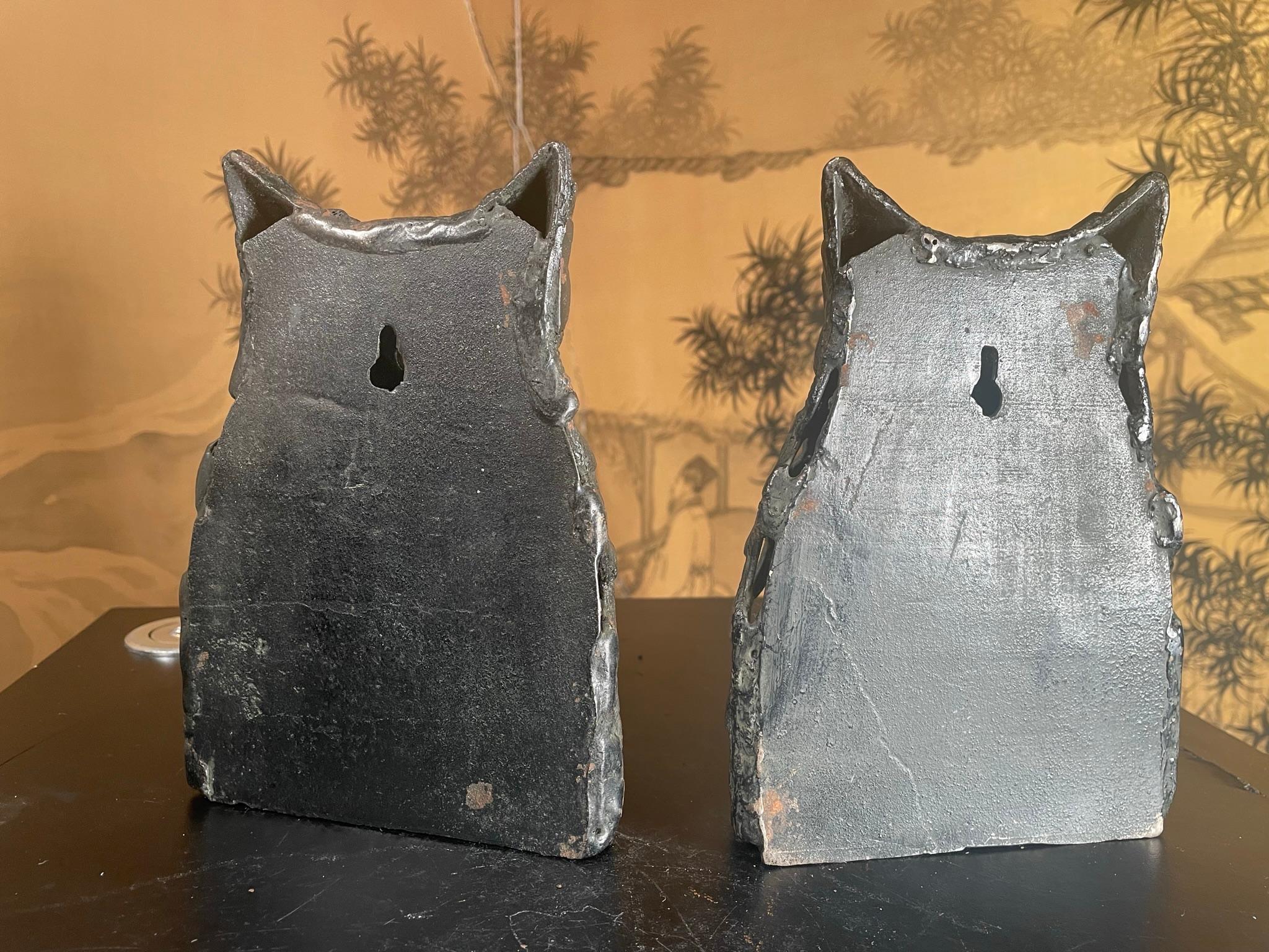 Japanese Rare Old Pair Hand Cast Owl Wall Sconce Lanterns 2