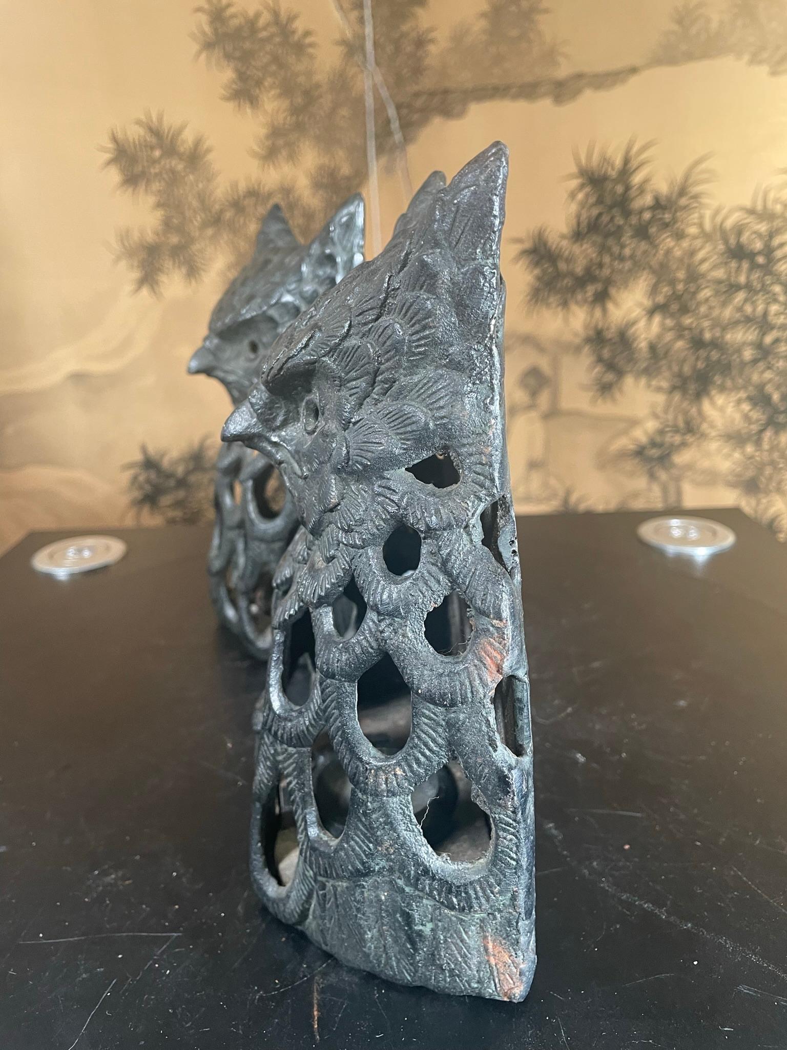 Japanese Rare Old Pair Hand Cast Owl Wall Sconce Lanterns 4
