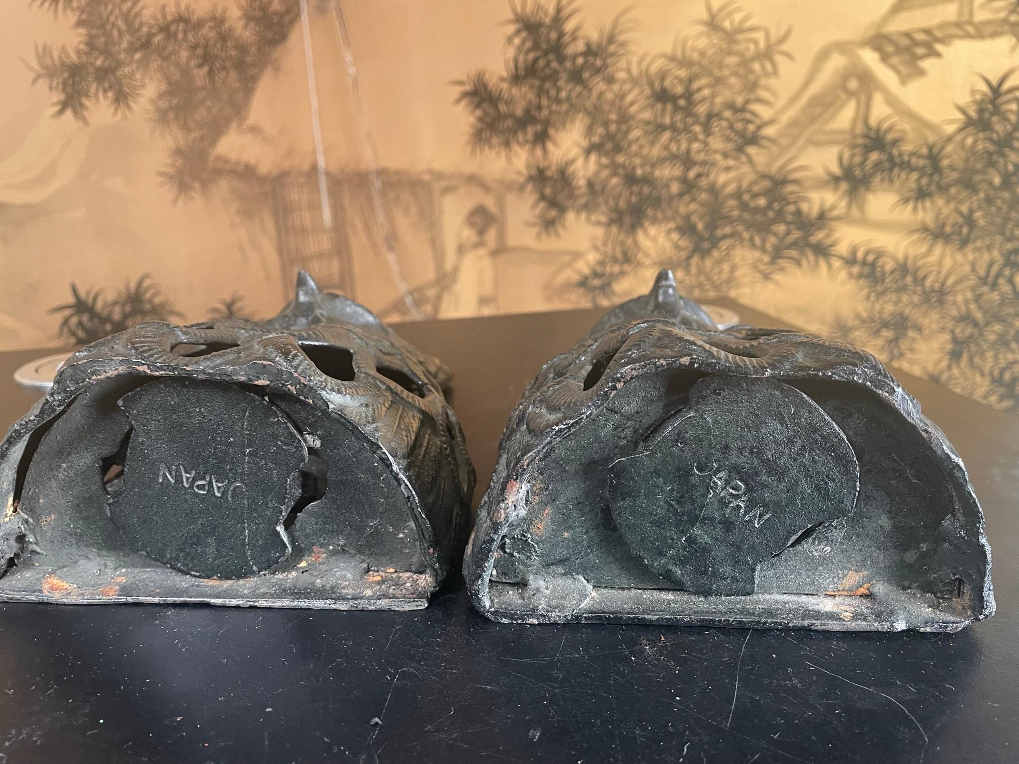 Japanese Rare Old Pair Hand Cast Owl Wall Sconce Lanterns 5