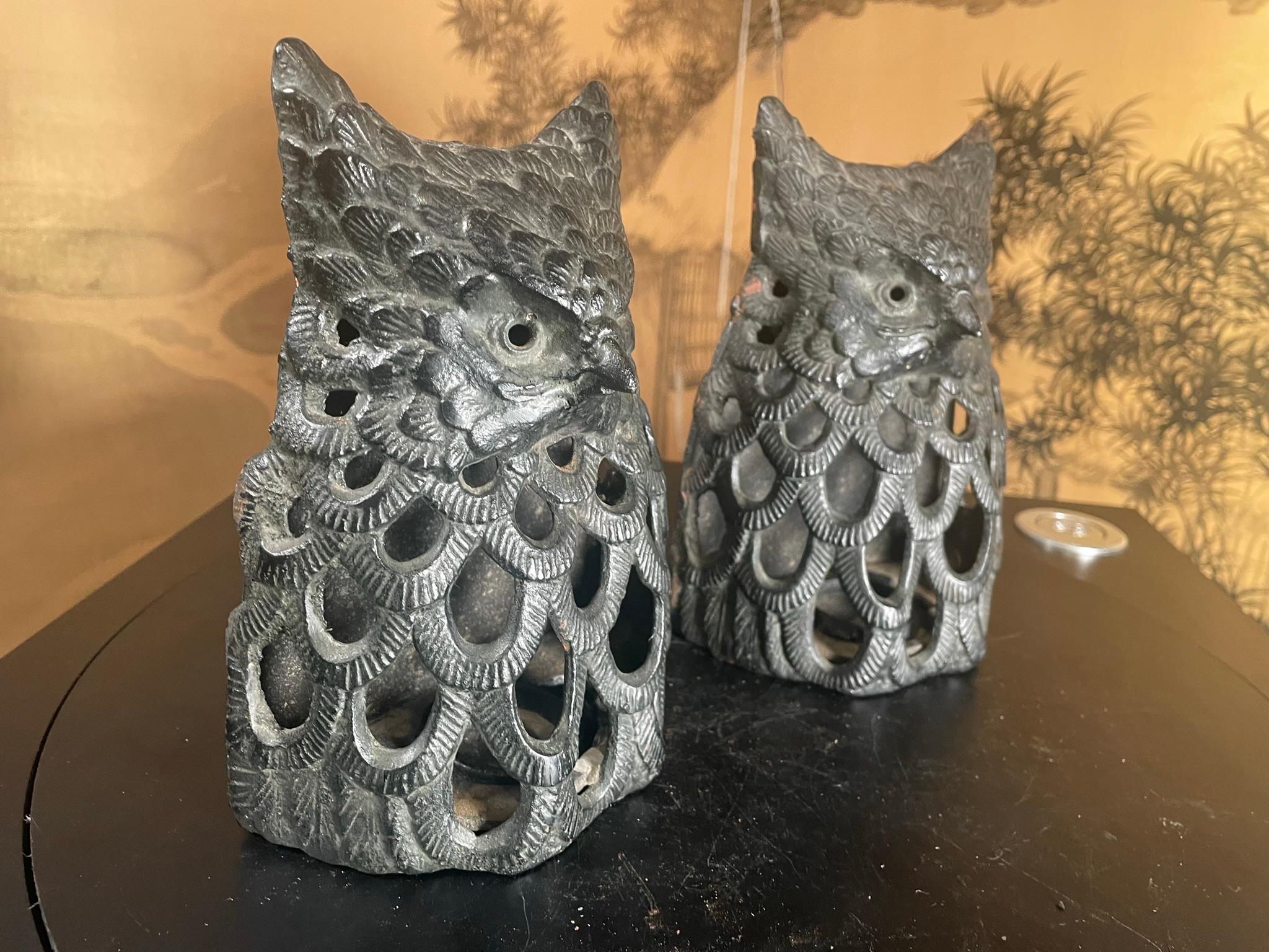 Showa Japanese Rare Old Pair Hand Cast Owl Wall Sconce Lanterns