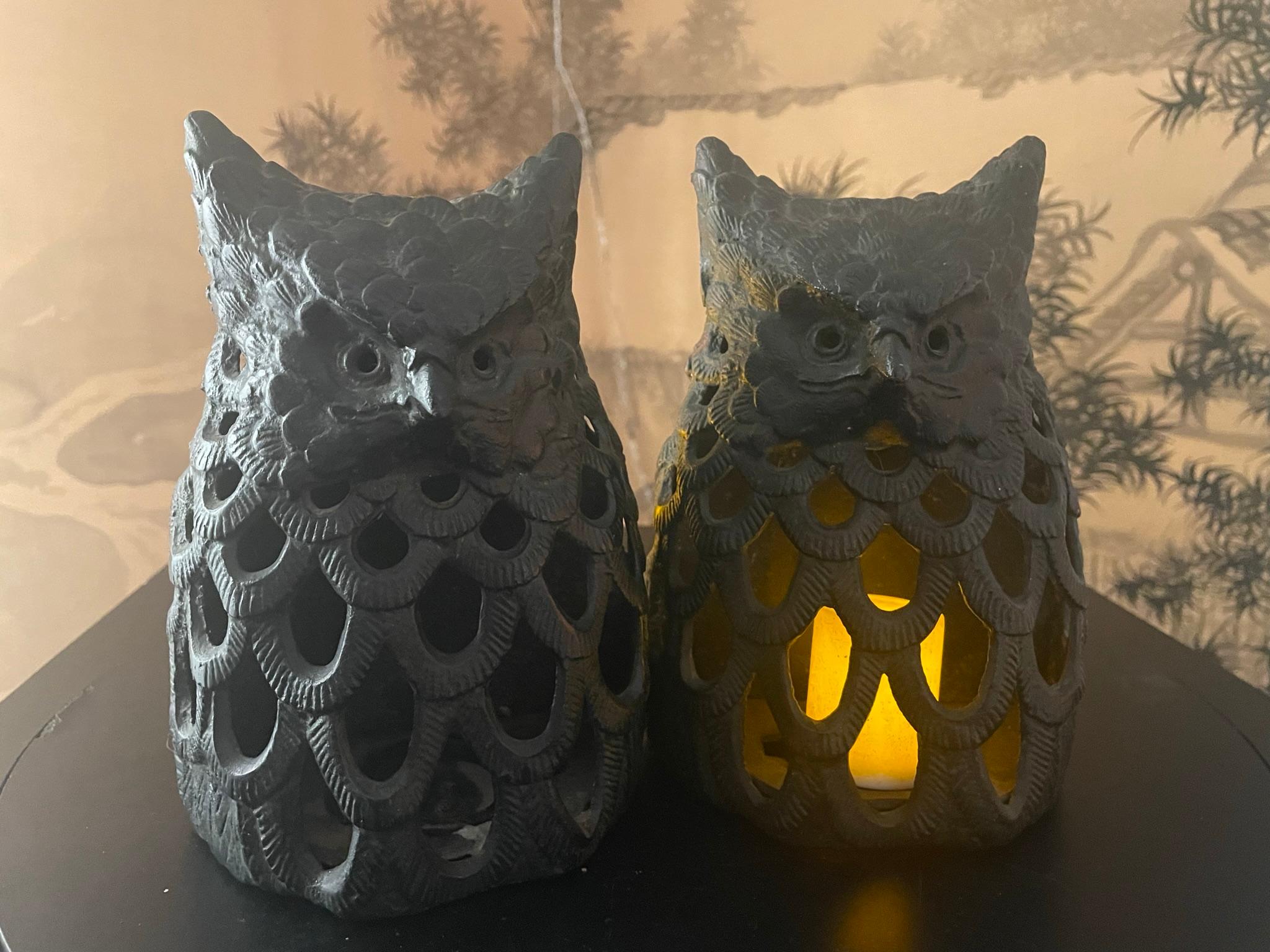Hand-Crafted Japanese Rare Old Pair Hand Cast Owl Wall Sconce Lanterns