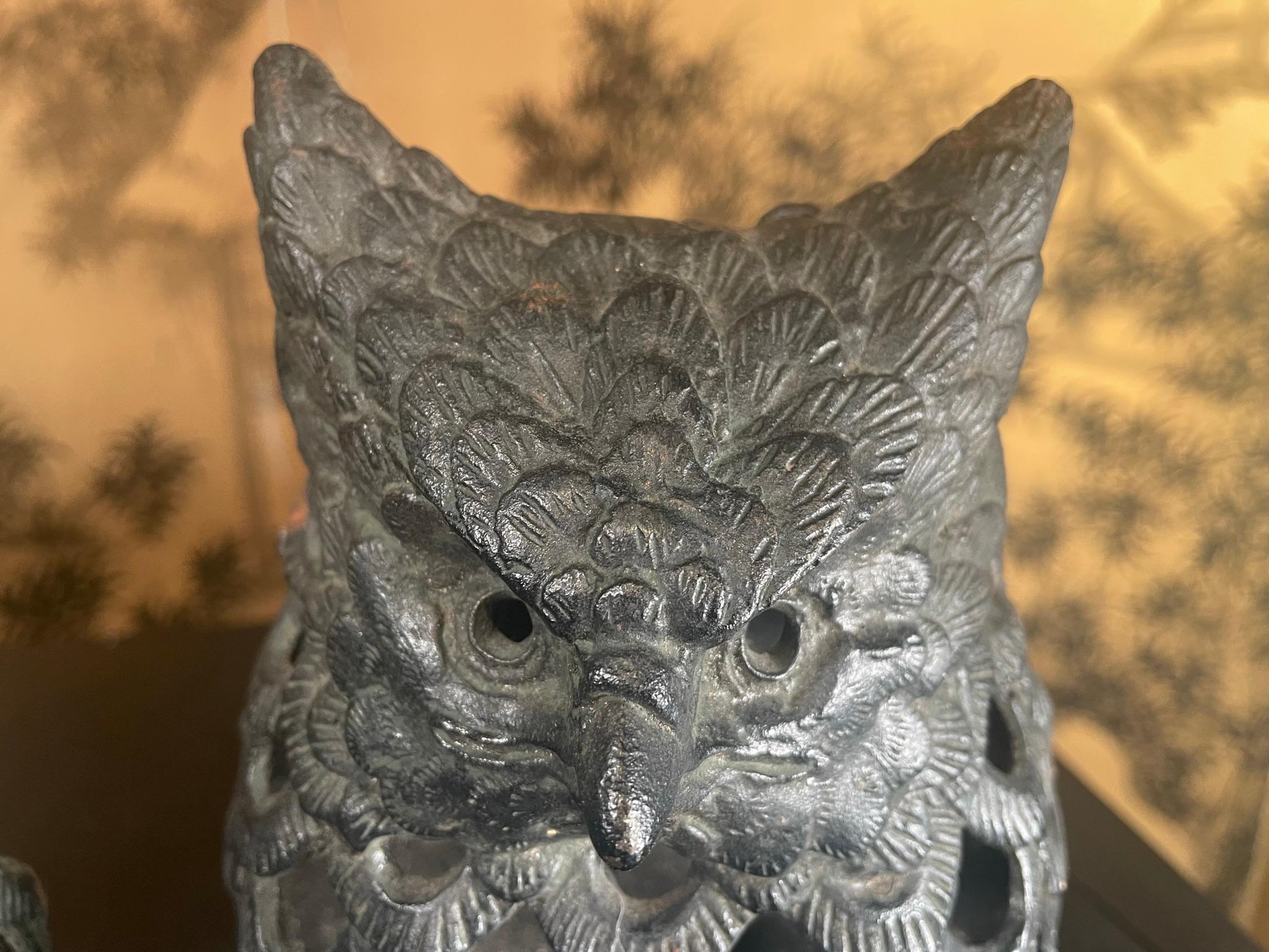20th Century Japanese Rare Old Pair Hand Cast Owl Wall Sconce Lanterns