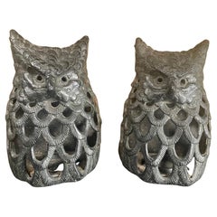 Japanese Rare Old Pair Hand Cast Owl Wall Sconce Lanterns