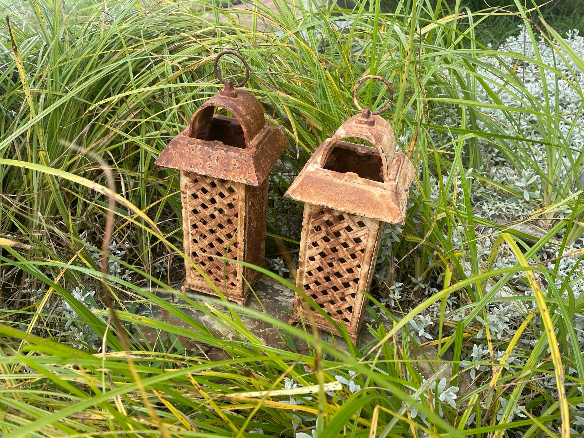 Showa Japanese Rare Old Pair Tall Trellis Flower Garden Lanterns For Sale