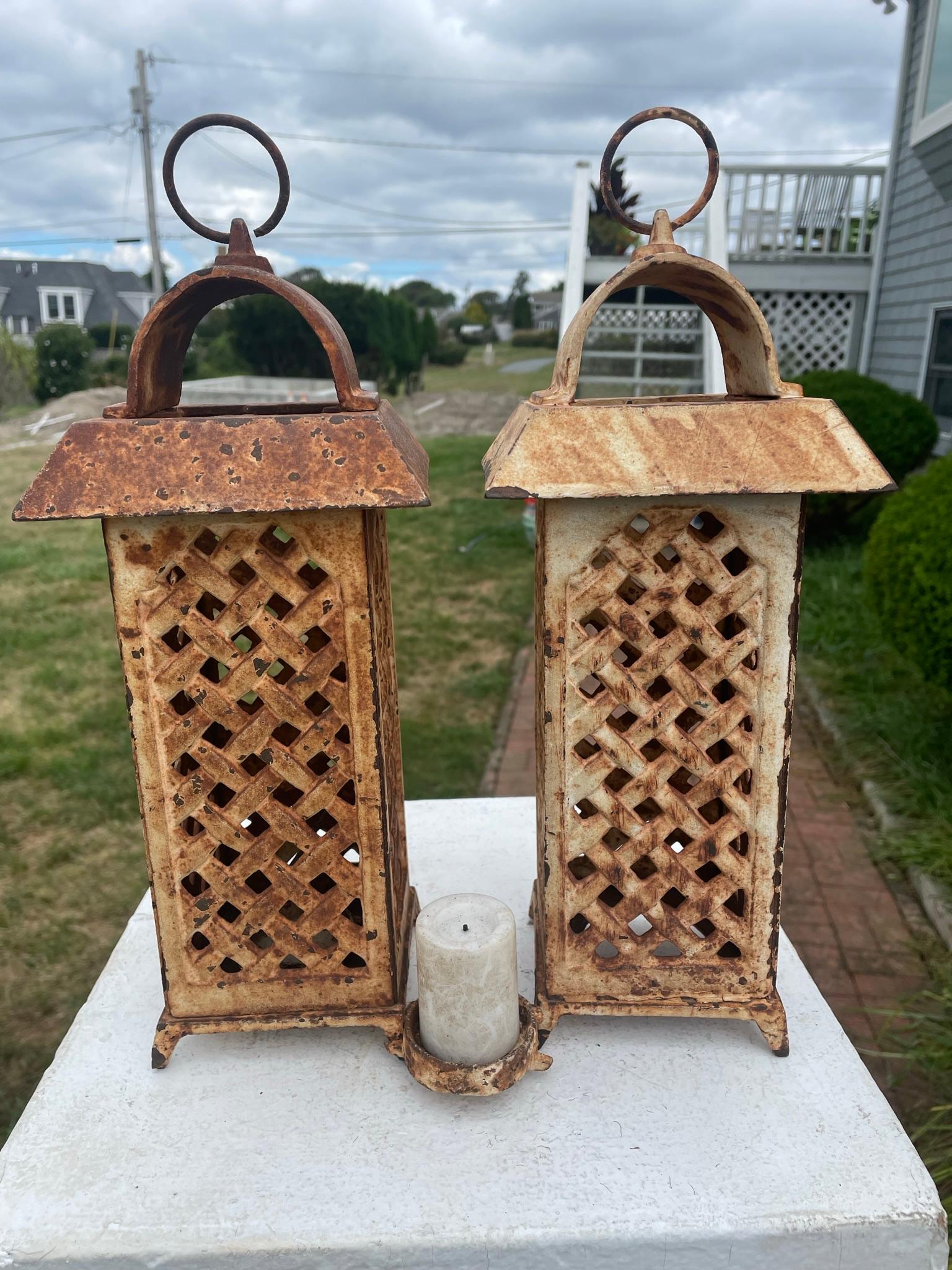 Hand-Crafted Japanese Rare Old Pair Tall Trellis Flower Garden Lanterns For Sale