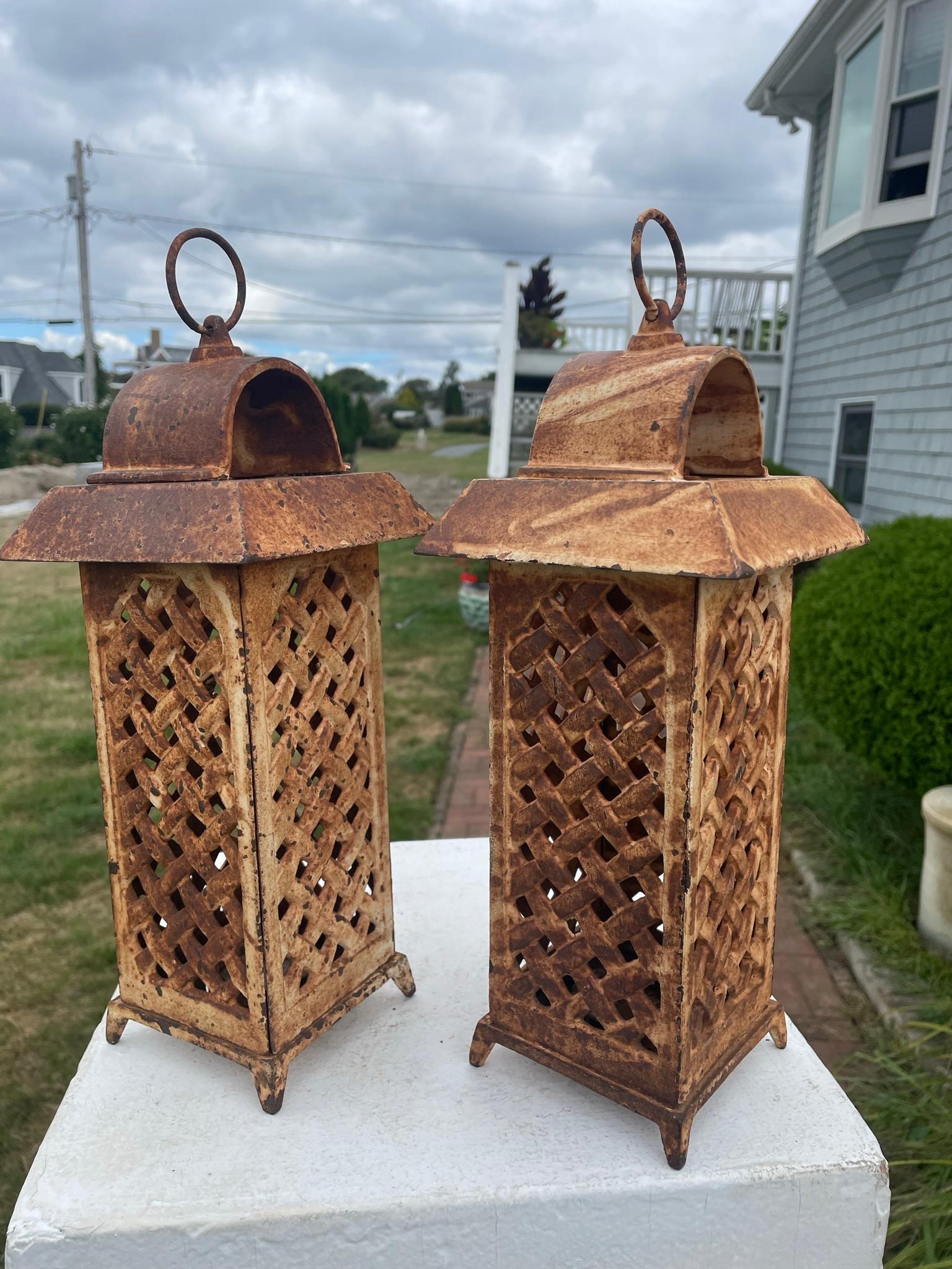 20th Century Japanese Rare Old Pair Tall Trellis Flower Garden Lanterns